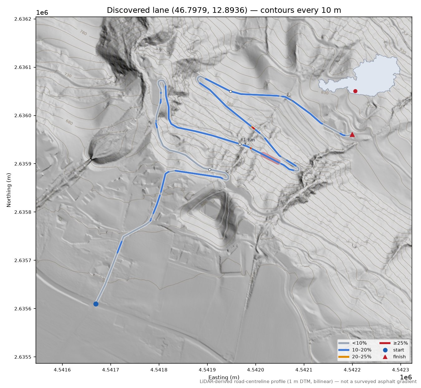 Discovered lane (46.7979, 12.8936) LiDAR hillshade map with contours