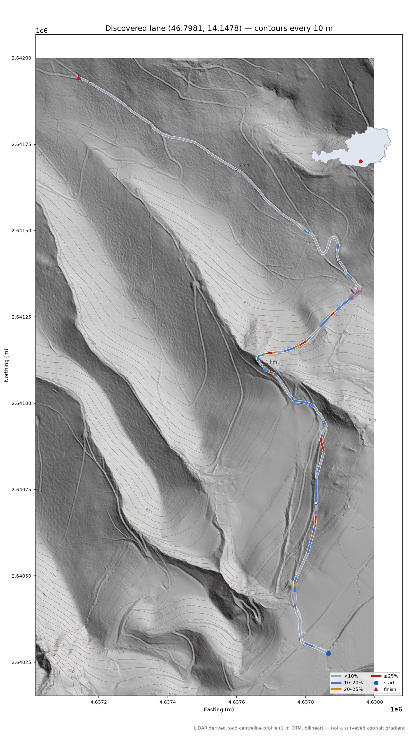 Discovered lane (46.7981, 14.1478) LiDAR hillshade map with contours