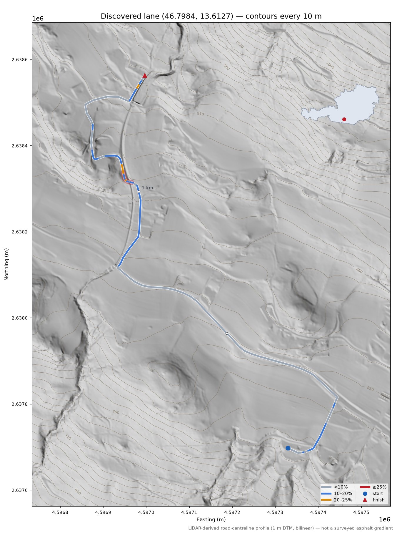 Discovered lane (46.7984, 13.6127) LiDAR hillshade map with contours