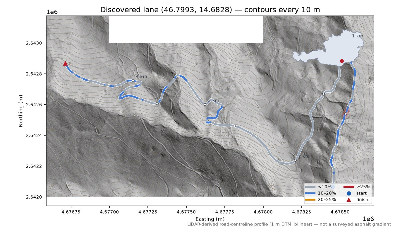 Discovered lane (46.7993, 14.6828) LiDAR hillshade map with contours
