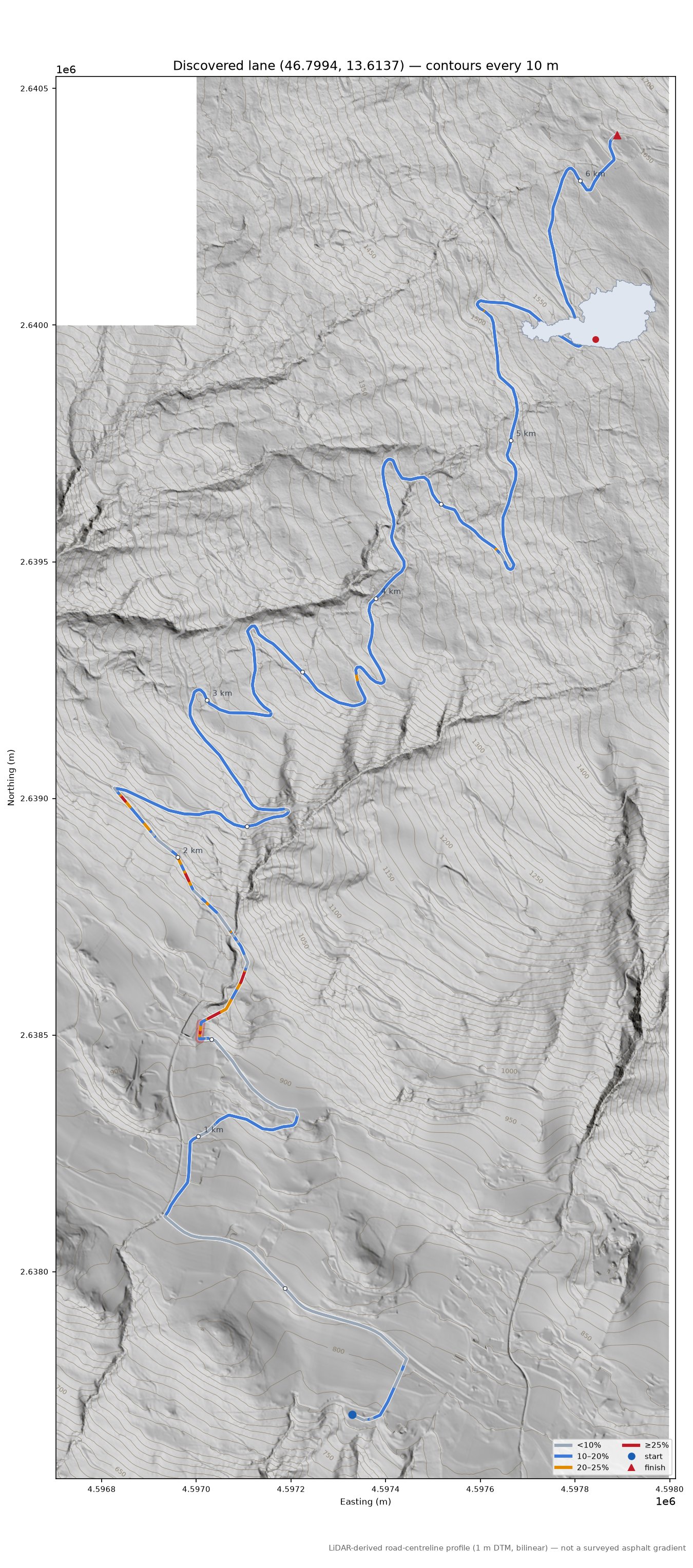 Discovered lane (46.7994, 13.6137) LiDAR hillshade map with contours