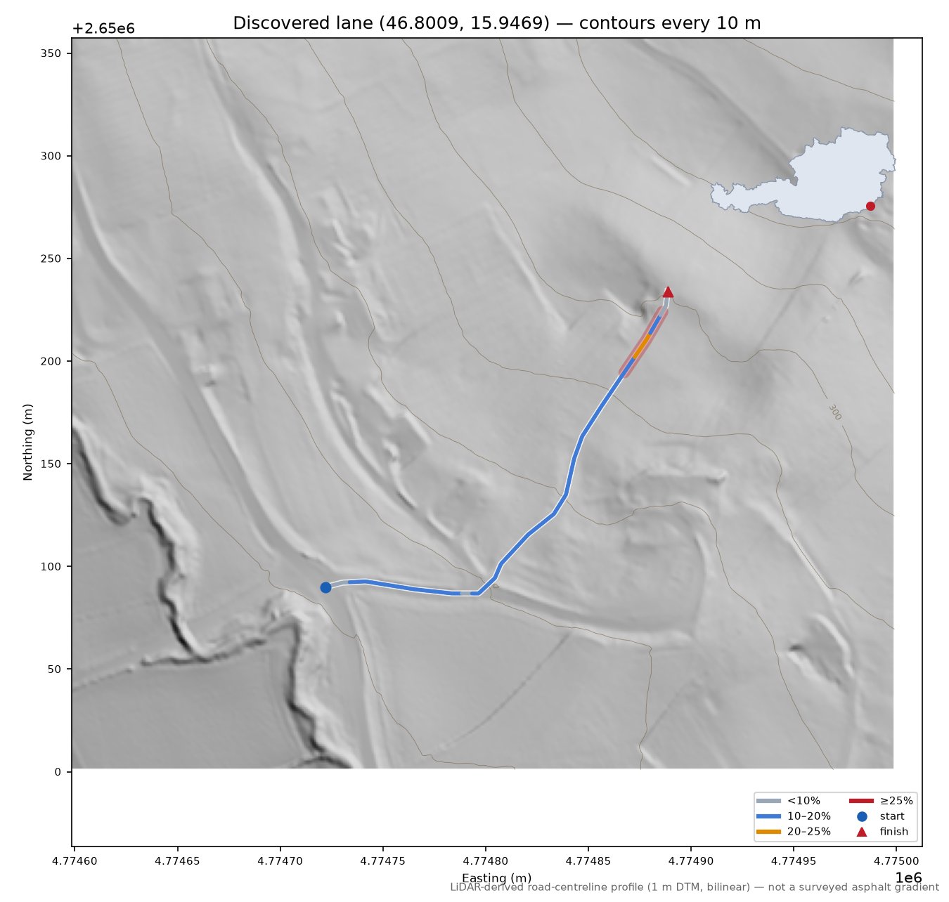 Discovered lane (46.8009, 15.9469) LiDAR hillshade map with contours