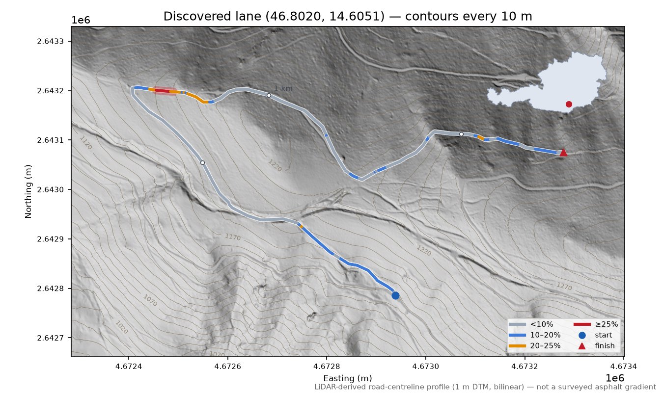 Discovered lane (46.8020, 14.6051) LiDAR hillshade map with contours
