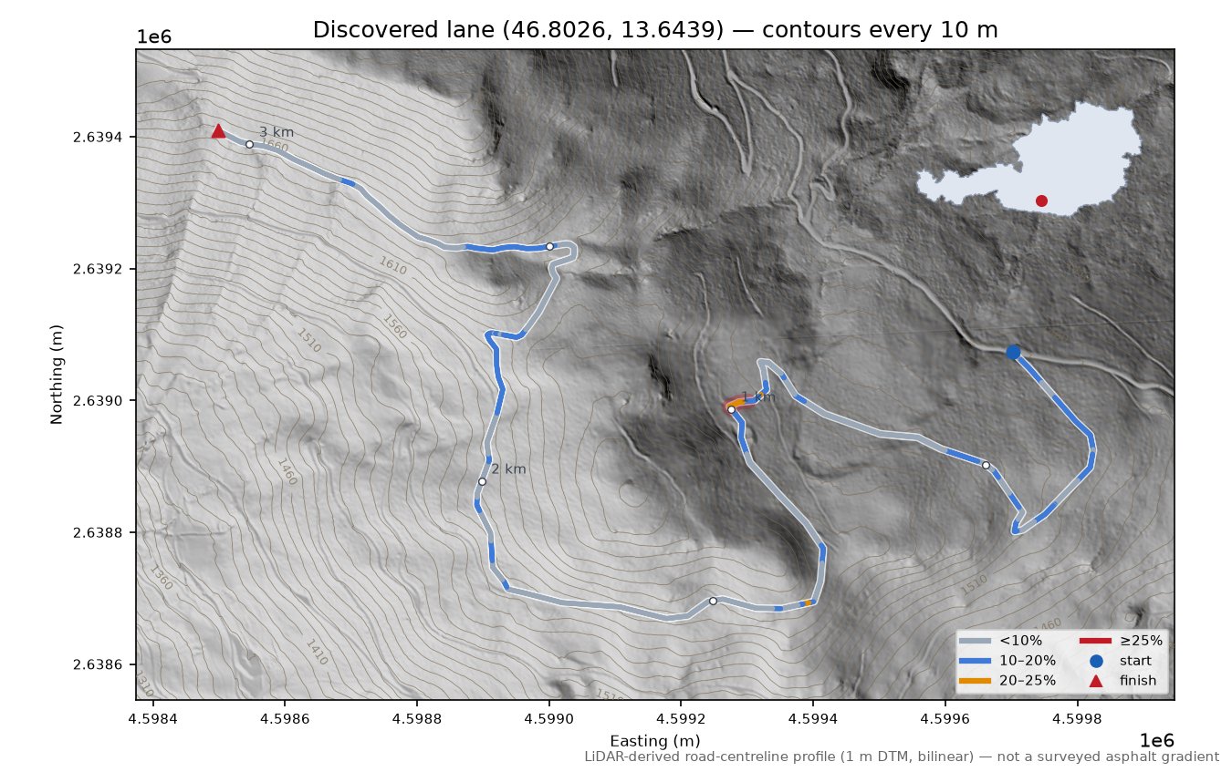Discovered lane (46.8026, 13.6439) LiDAR hillshade map with contours