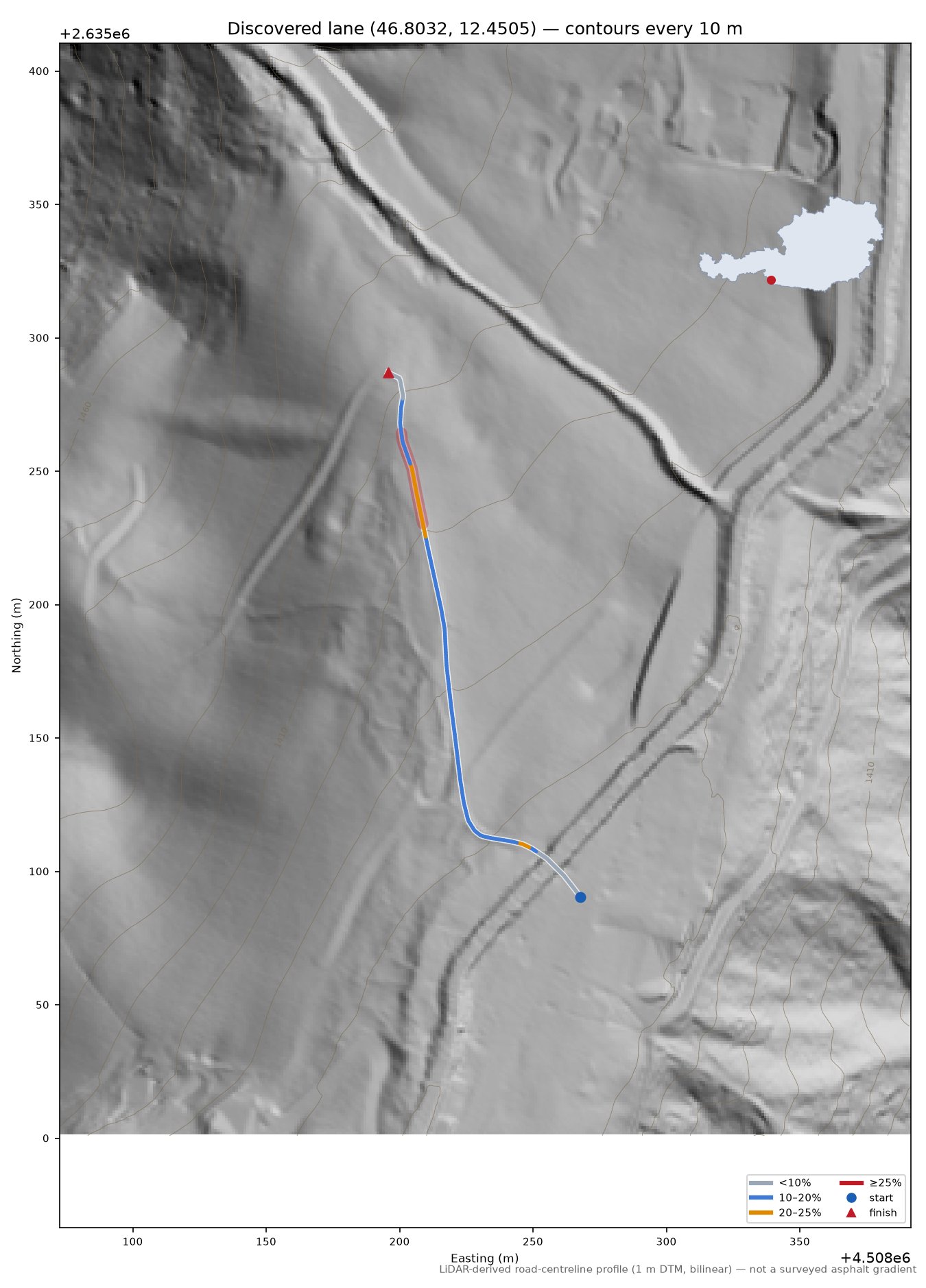 Discovered lane (46.8032, 12.4505) LiDAR hillshade map with contours