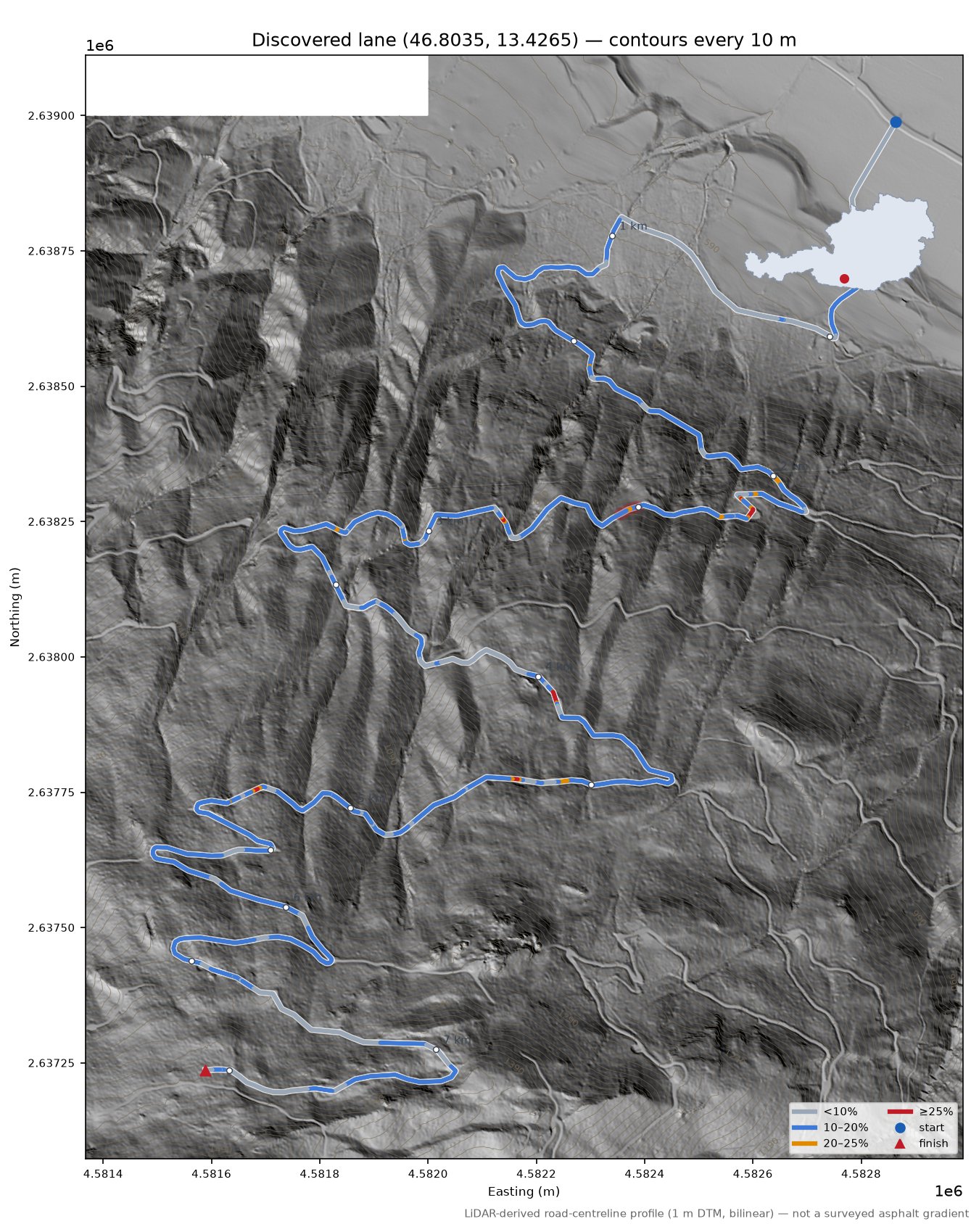 Discovered lane (46.8035, 13.4265) LiDAR hillshade map with contours