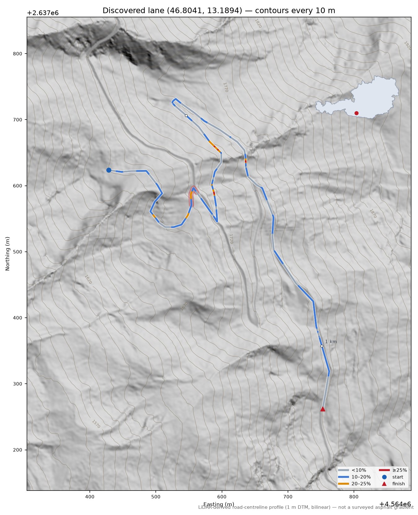 Discovered lane (46.8041, 13.1894) LiDAR hillshade map with contours