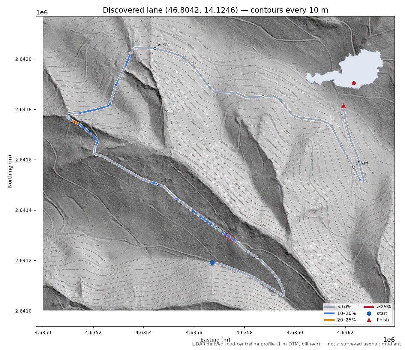 Discovered lane (46.8042, 14.1246) LiDAR hillshade map with contours