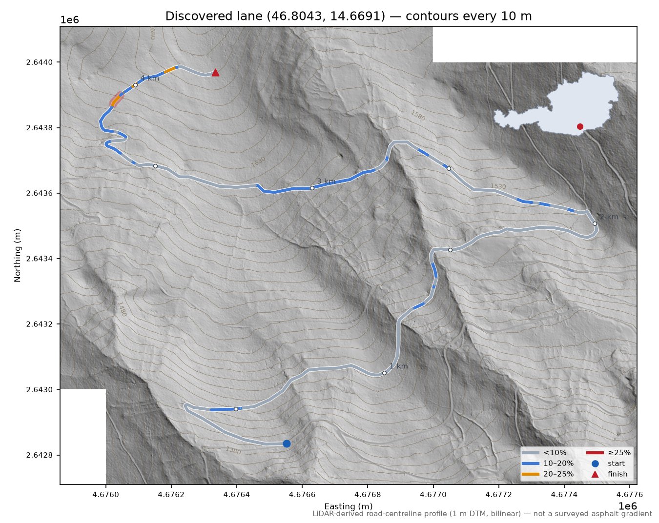 Discovered lane (46.8043, 14.6691) LiDAR hillshade map with contours