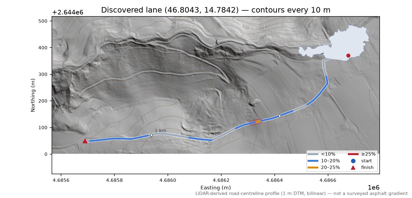 Discovered lane (46.8043, 14.7842) LiDAR hillshade map with contours