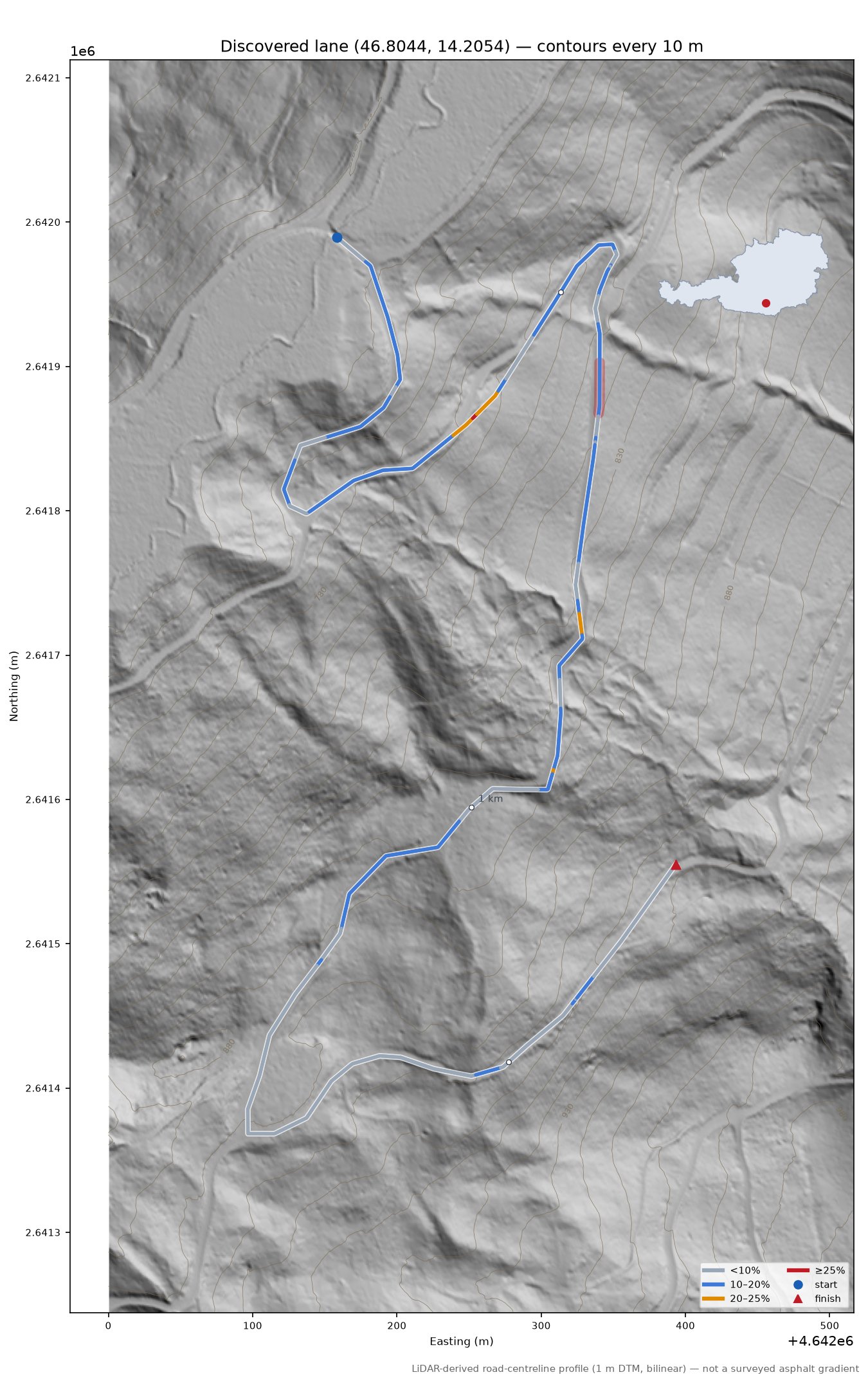 Discovered lane (46.8044, 14.2054) LiDAR hillshade map with contours