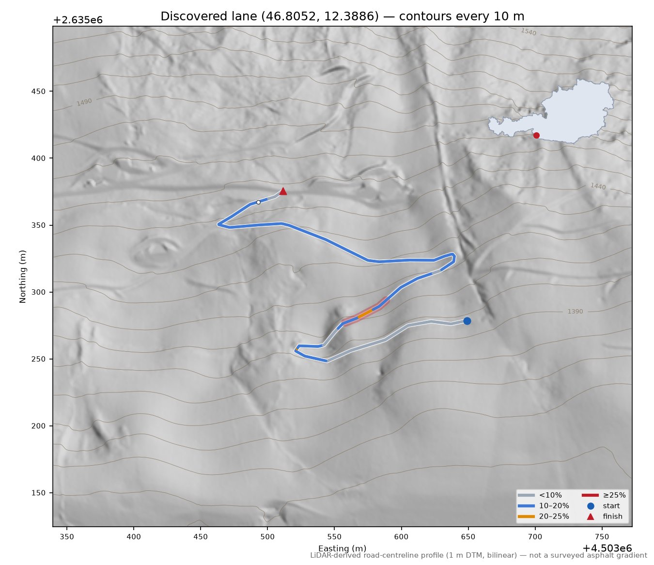 Discovered lane (46.8052, 12.3886) LiDAR hillshade map with contours