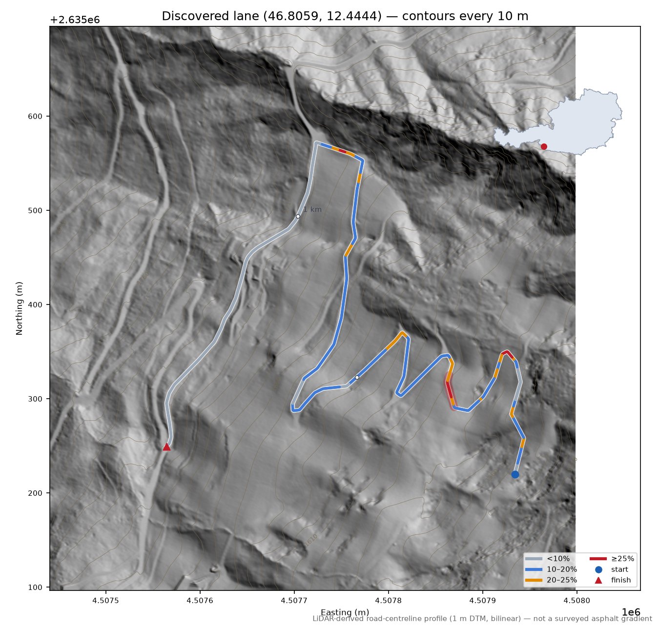 Discovered lane (46.8059, 12.4444) LiDAR hillshade map with contours