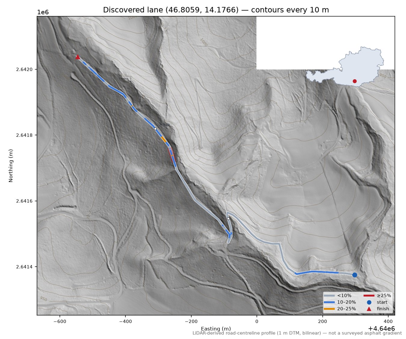 Discovered lane (46.8059, 14.1766) LiDAR hillshade map with contours