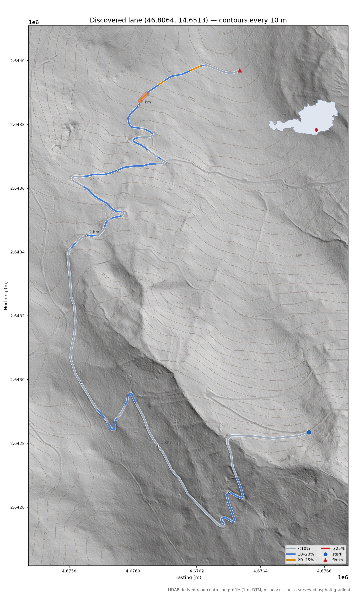 Discovered lane (46.8064, 14.6513) LiDAR hillshade map with contours