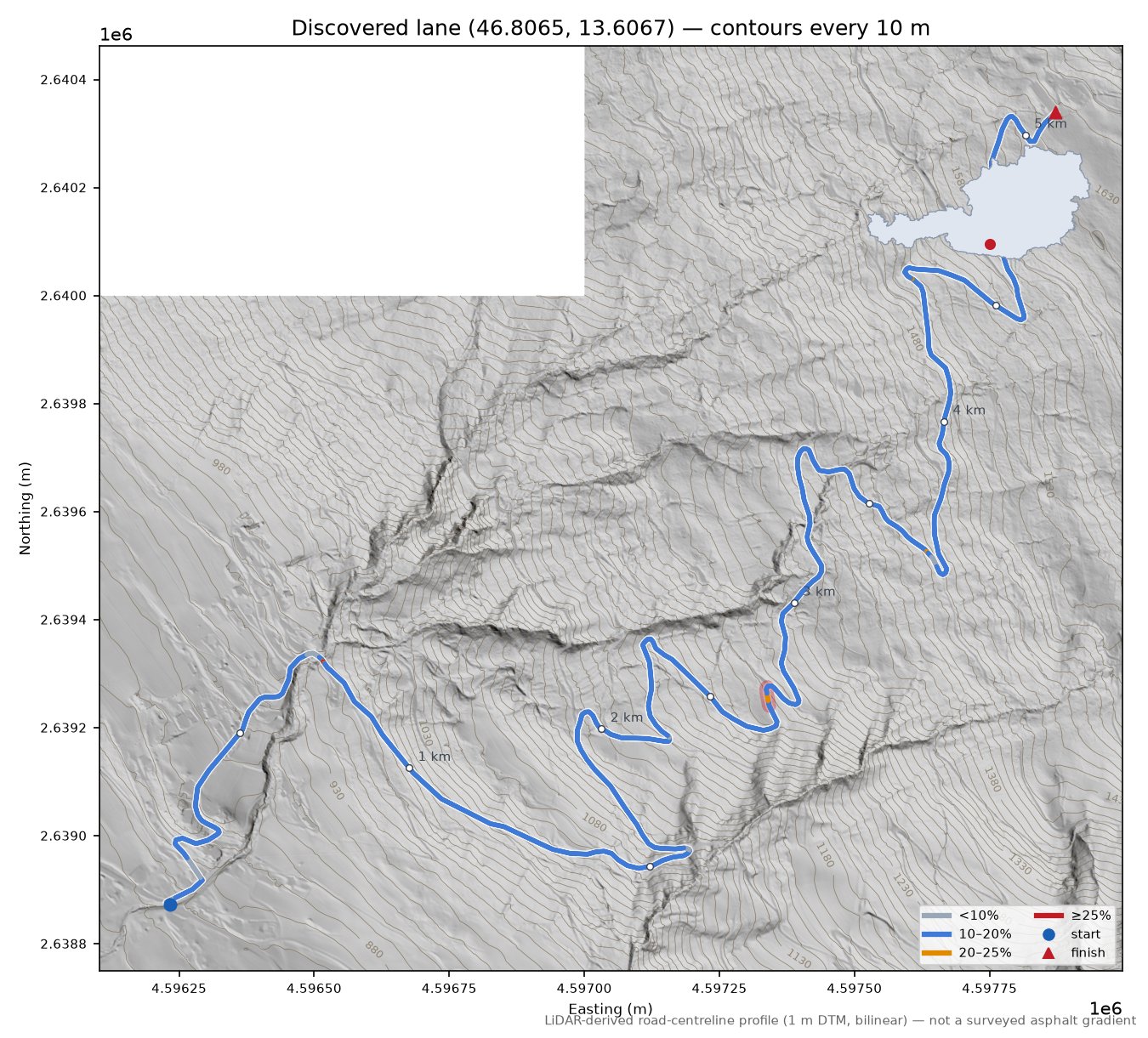 Discovered lane (46.8065, 13.6067) LiDAR hillshade map with contours