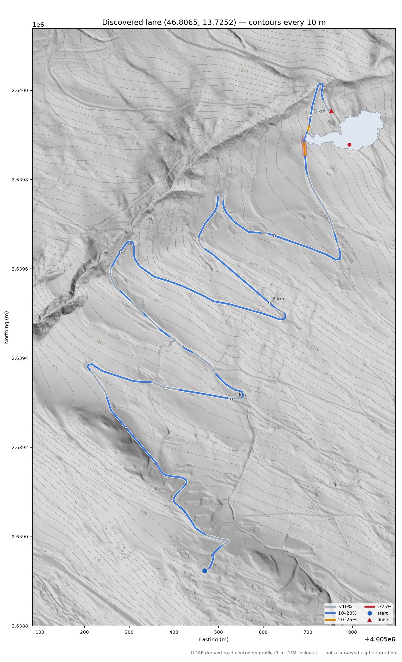 Discovered lane (46.8065, 13.7252) LiDAR hillshade map with contours