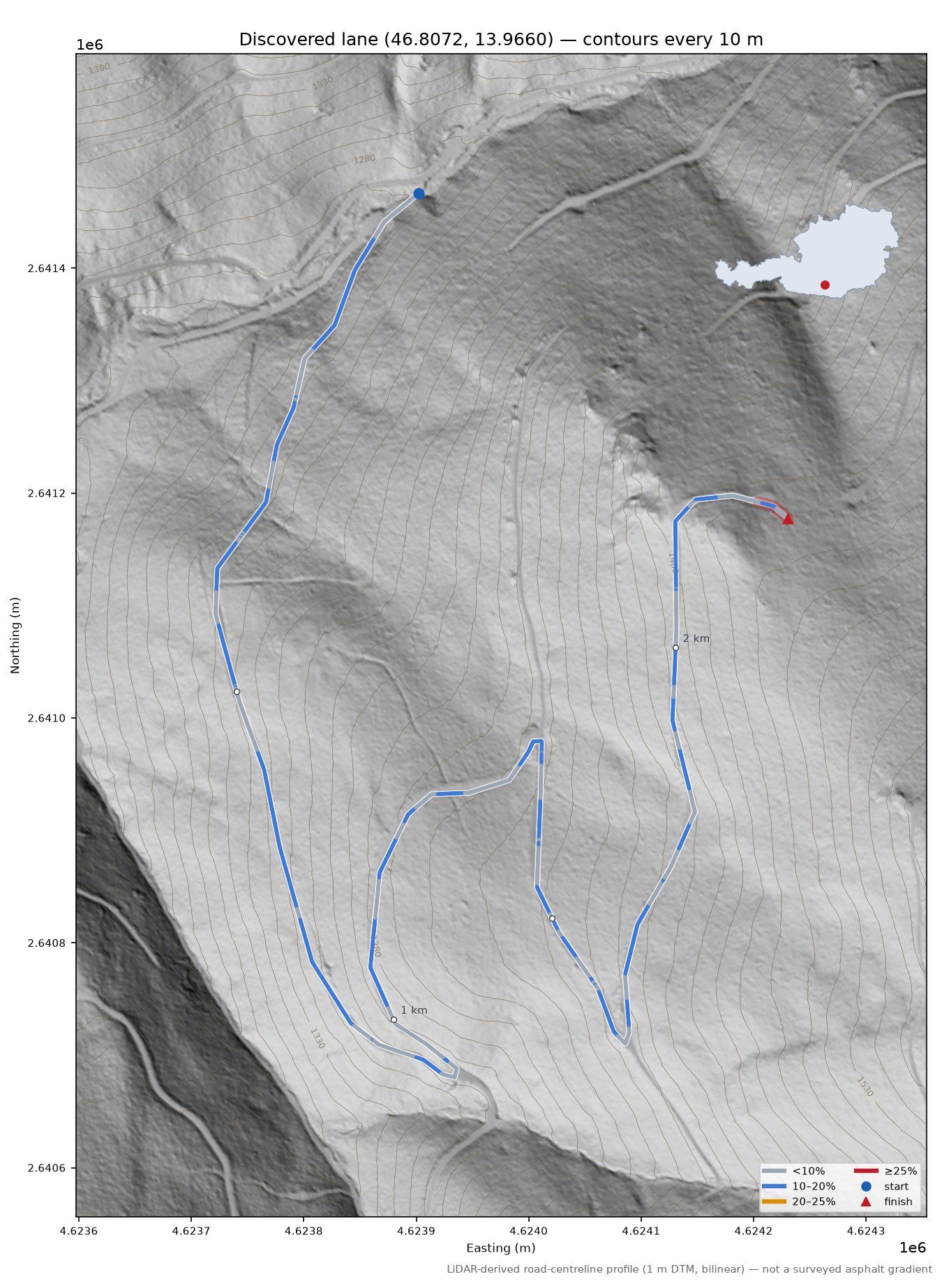Discovered lane (46.8072, 13.9660) LiDAR hillshade map with contours