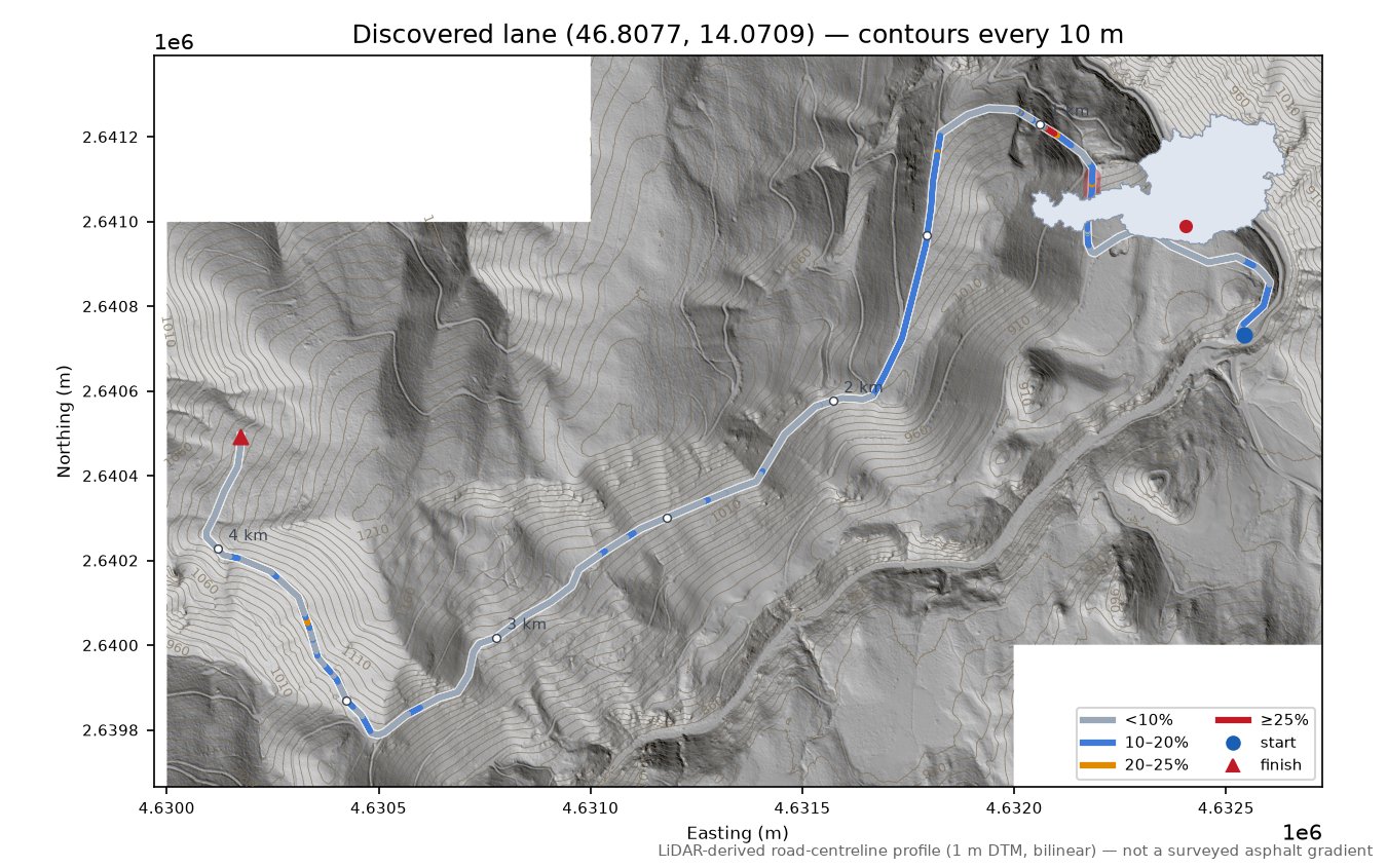 Discovered lane (46.8077, 14.0709) LiDAR hillshade map with contours