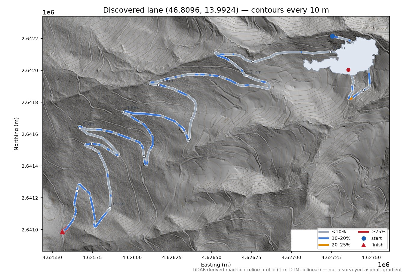 Discovered lane (46.8096, 13.9924) LiDAR hillshade map with contours