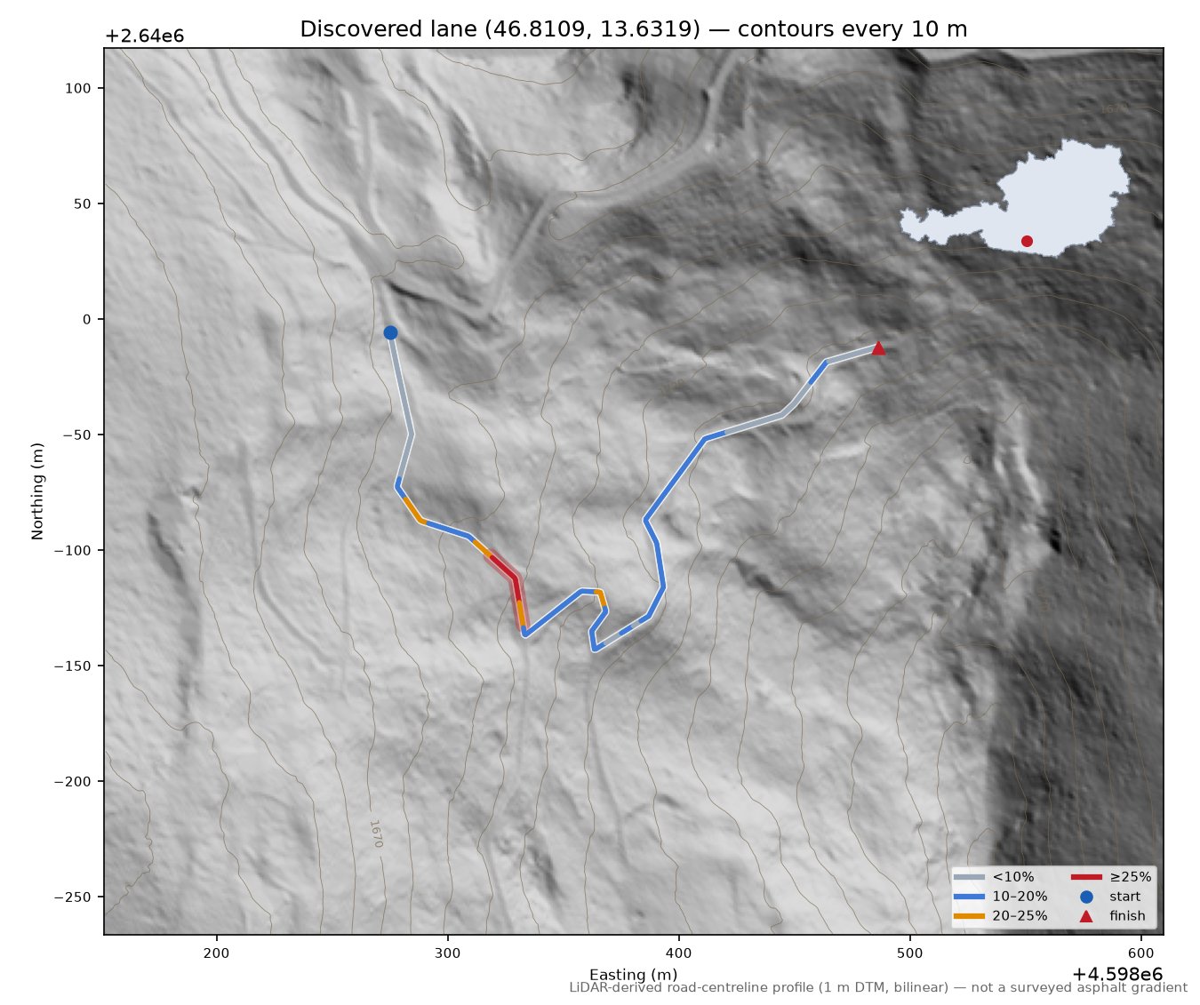 Discovered lane (46.8109, 13.6319) LiDAR hillshade map with contours