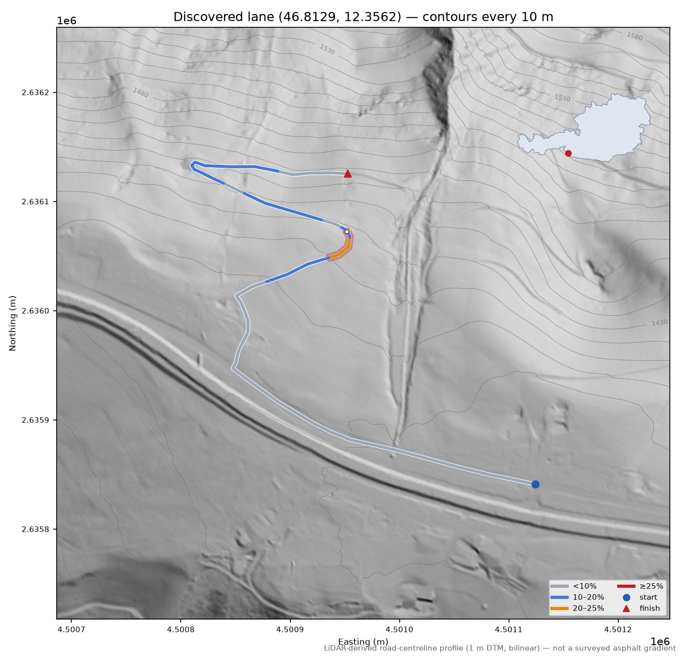 Discovered lane (46.8129, 12.3562) LiDAR hillshade map with contours