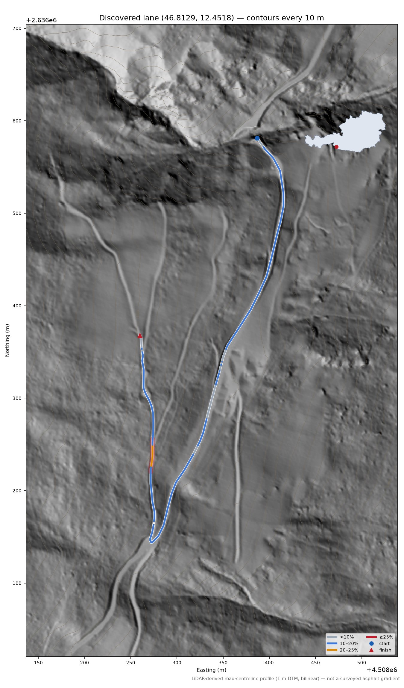 Discovered lane (46.8129, 12.4518) LiDAR hillshade map with contours