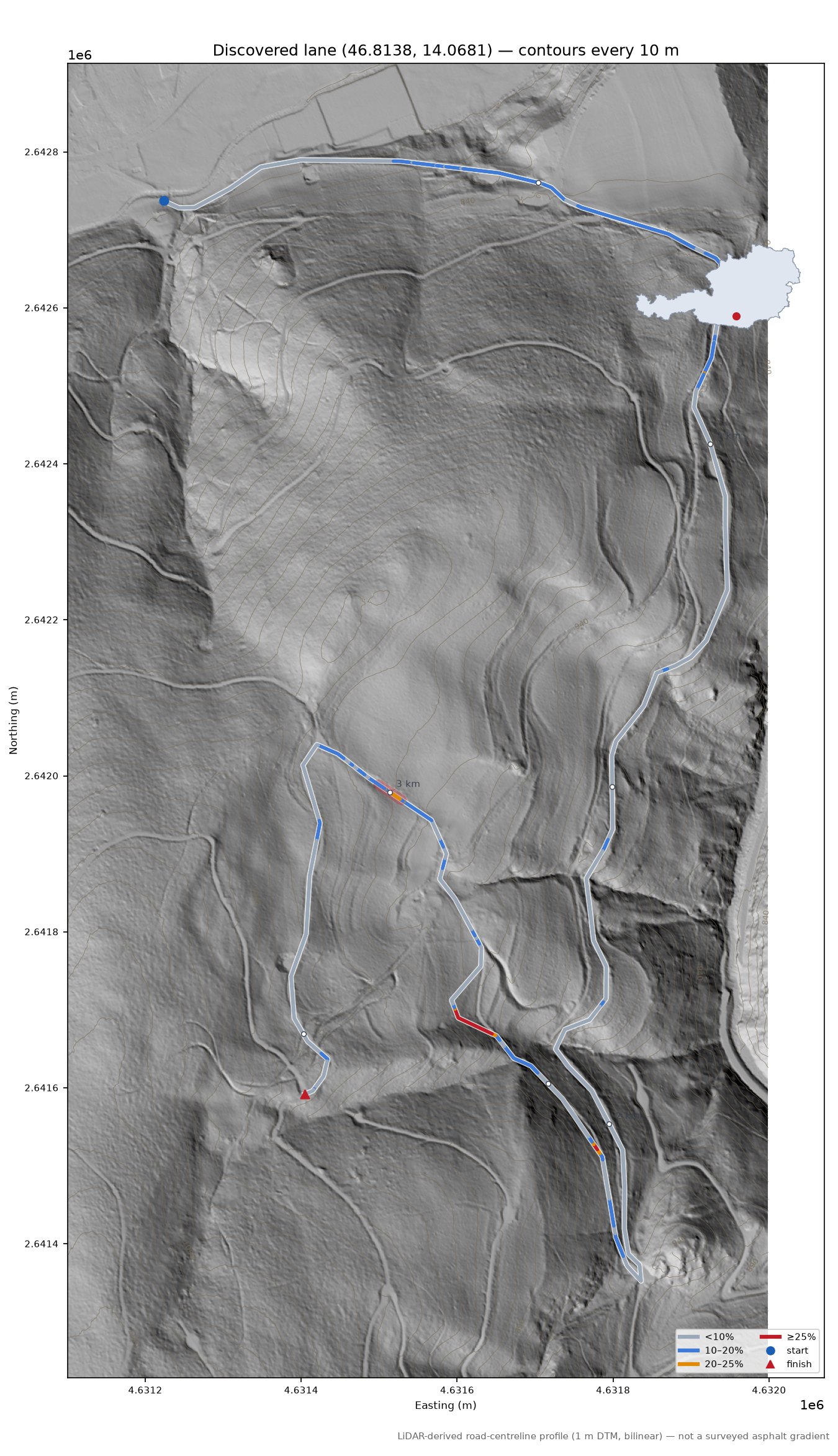 Discovered lane (46.8138, 14.0681) LiDAR hillshade map with contours