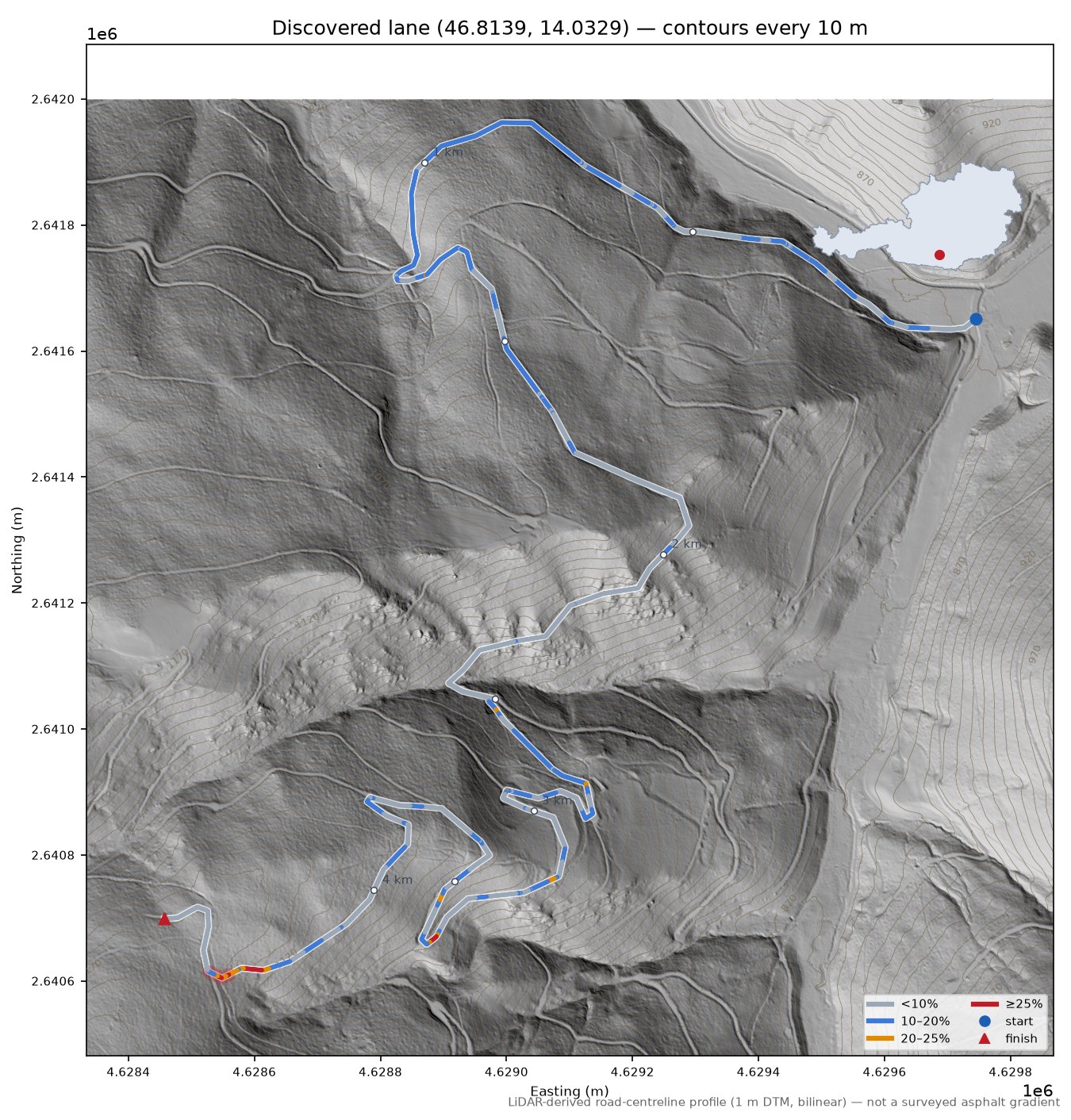 Discovered lane (46.8139, 14.0329) LiDAR hillshade map with contours