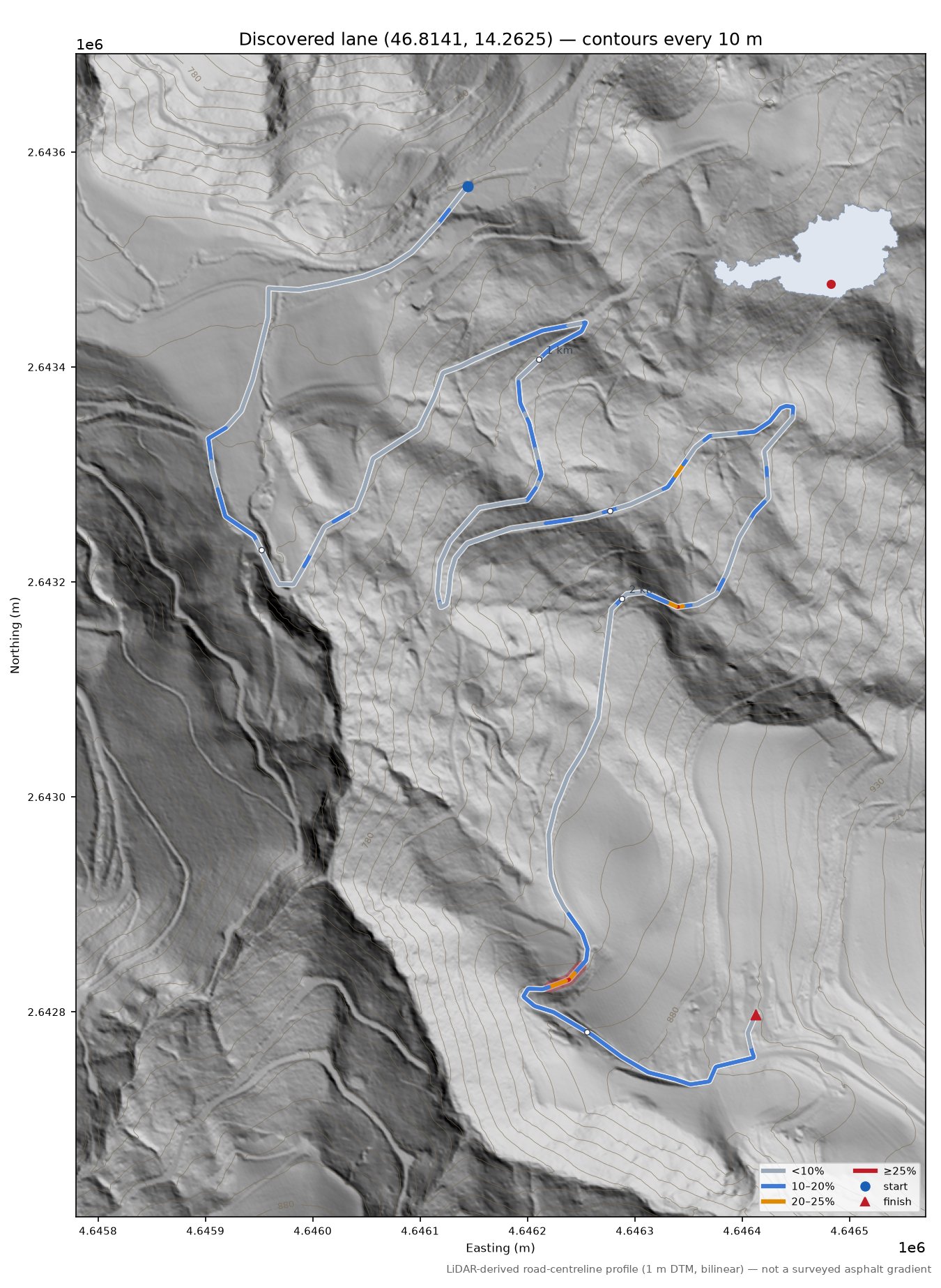 Discovered lane (46.8141, 14.2625) LiDAR hillshade map with contours