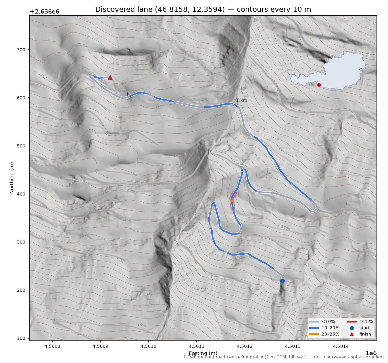 Discovered lane (46.8158, 12.3594) LiDAR hillshade map with contours