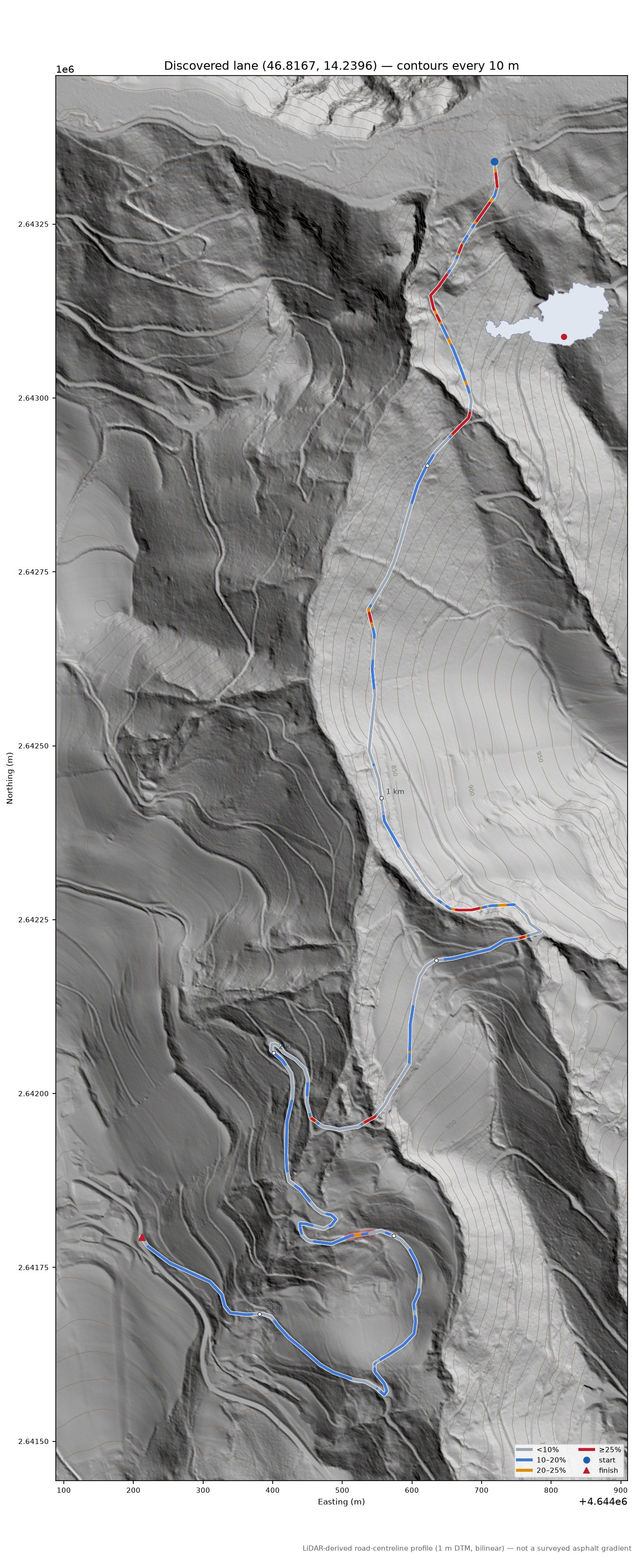 Discovered lane (46.8167, 14.2396) LiDAR hillshade map with contours