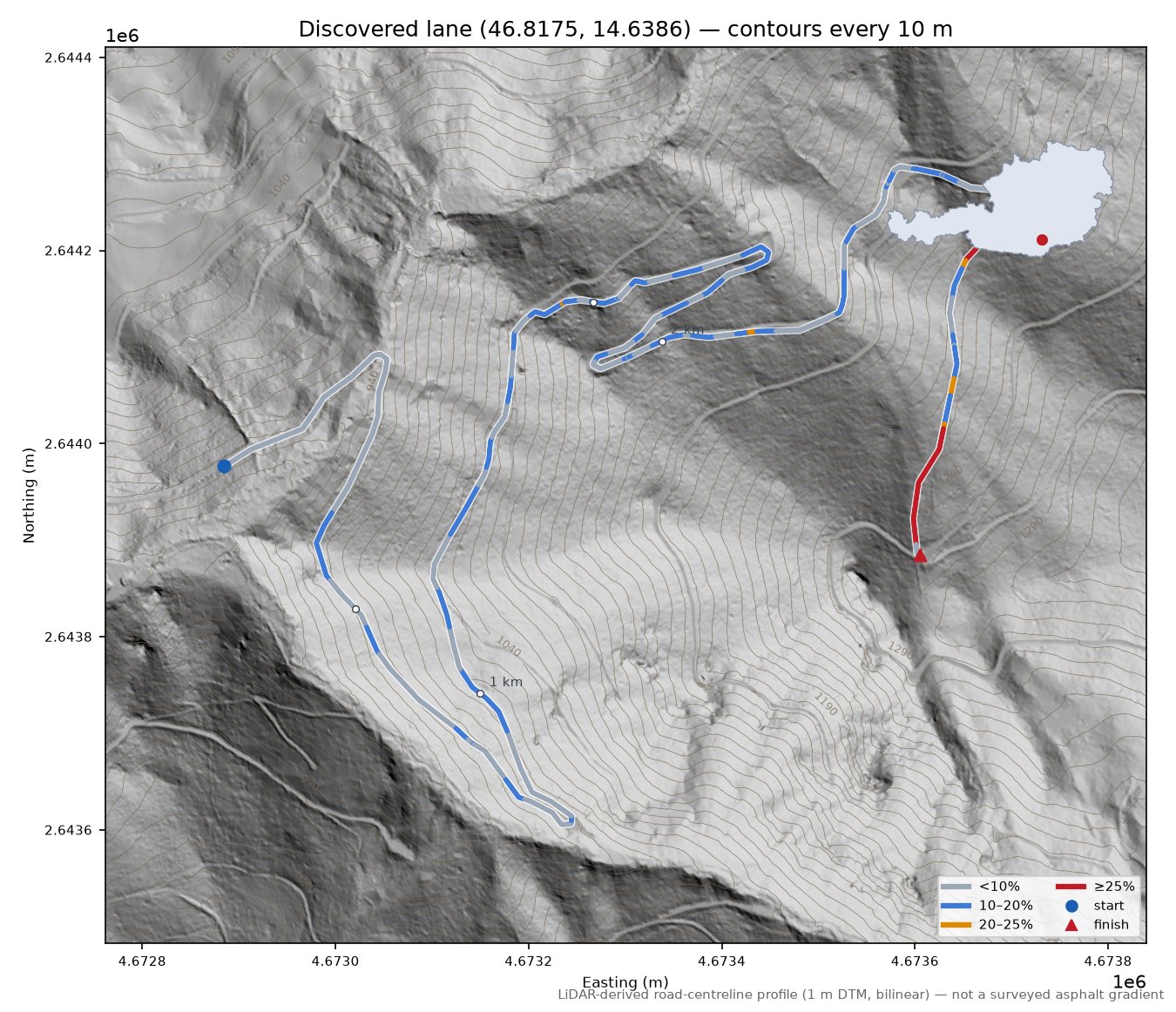 Discovered lane (46.8175, 14.6386) LiDAR hillshade map with contours