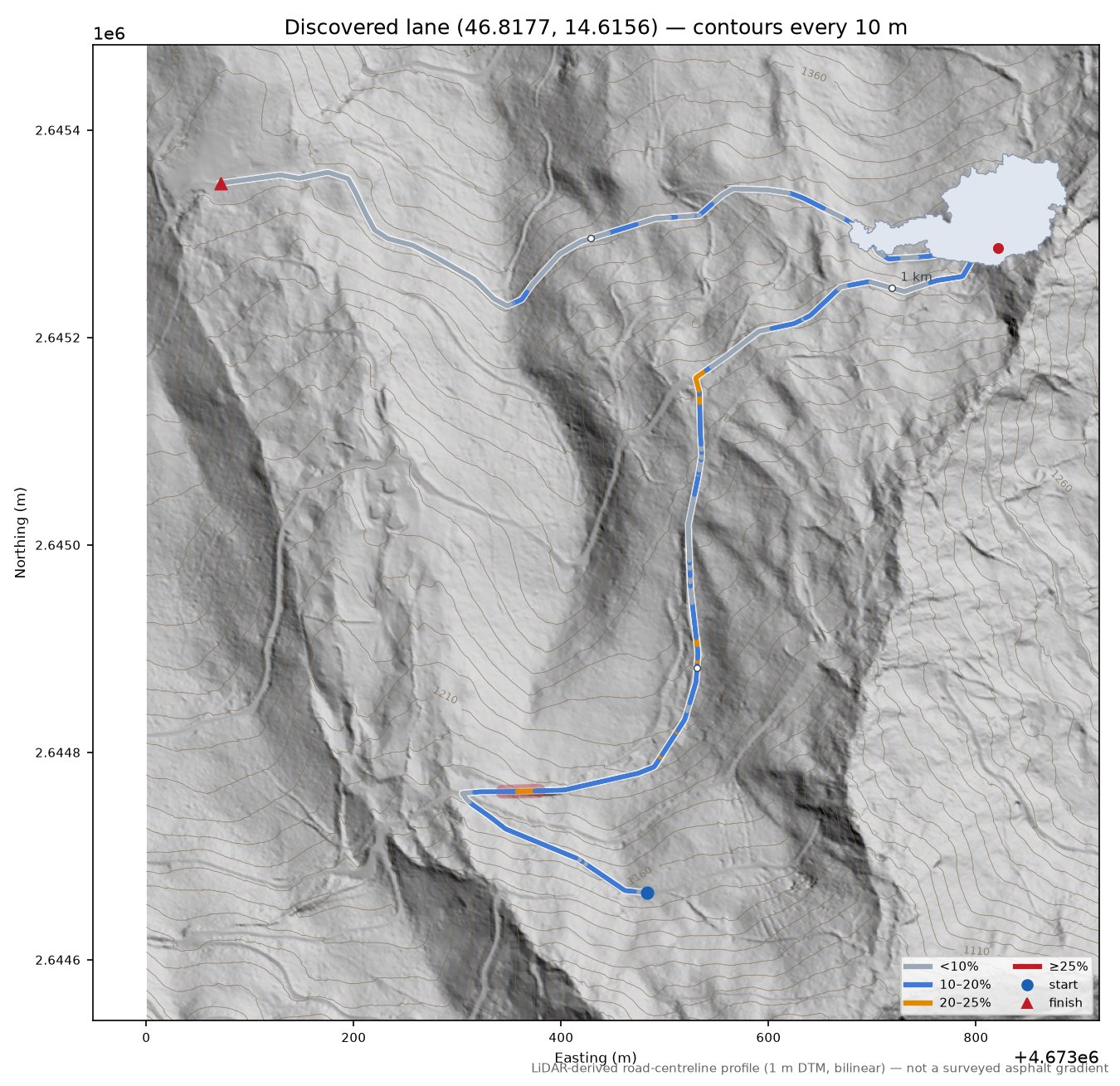 Discovered lane (46.8177, 14.6156) LiDAR hillshade map with contours