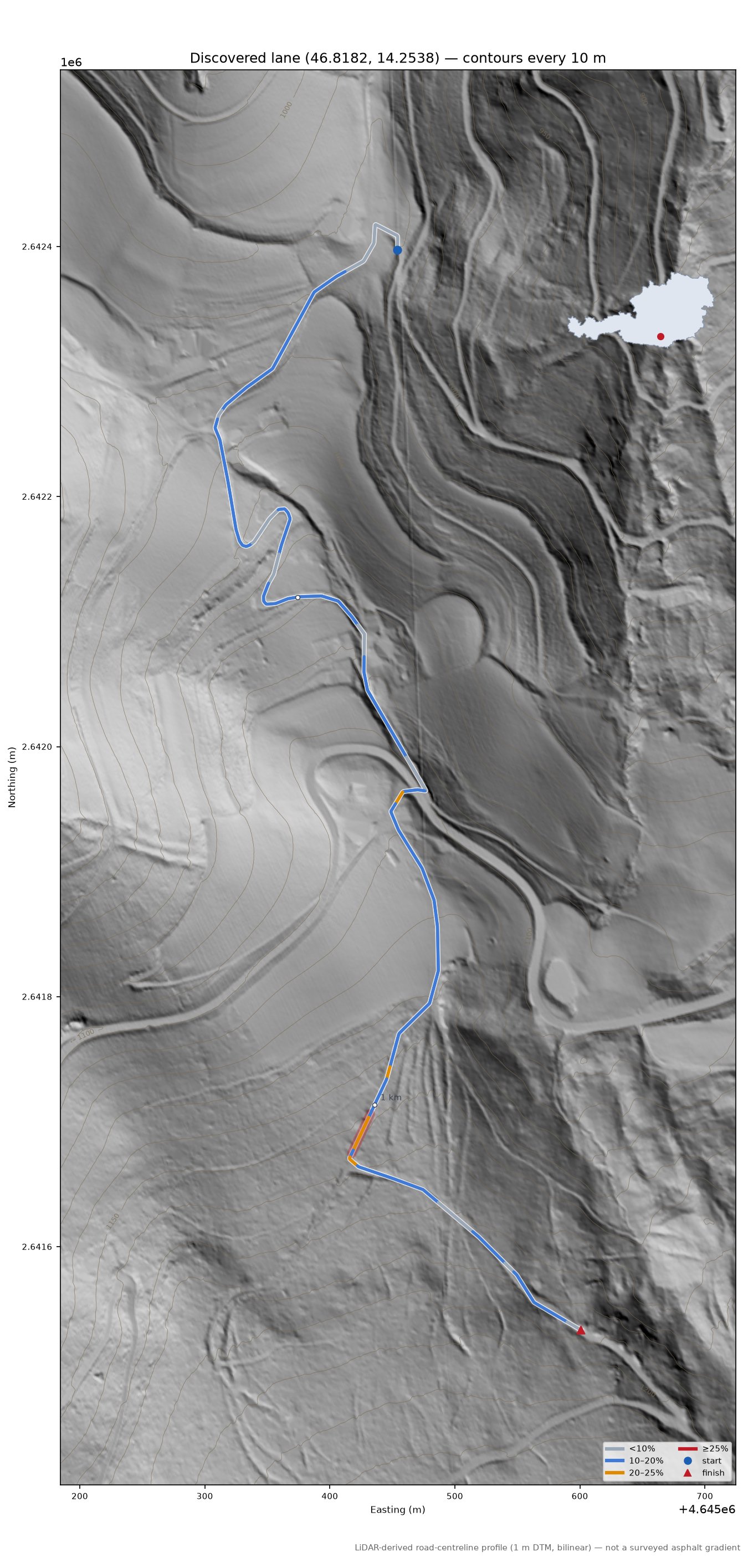 Discovered lane (46.8182, 14.2538) LiDAR hillshade map with contours