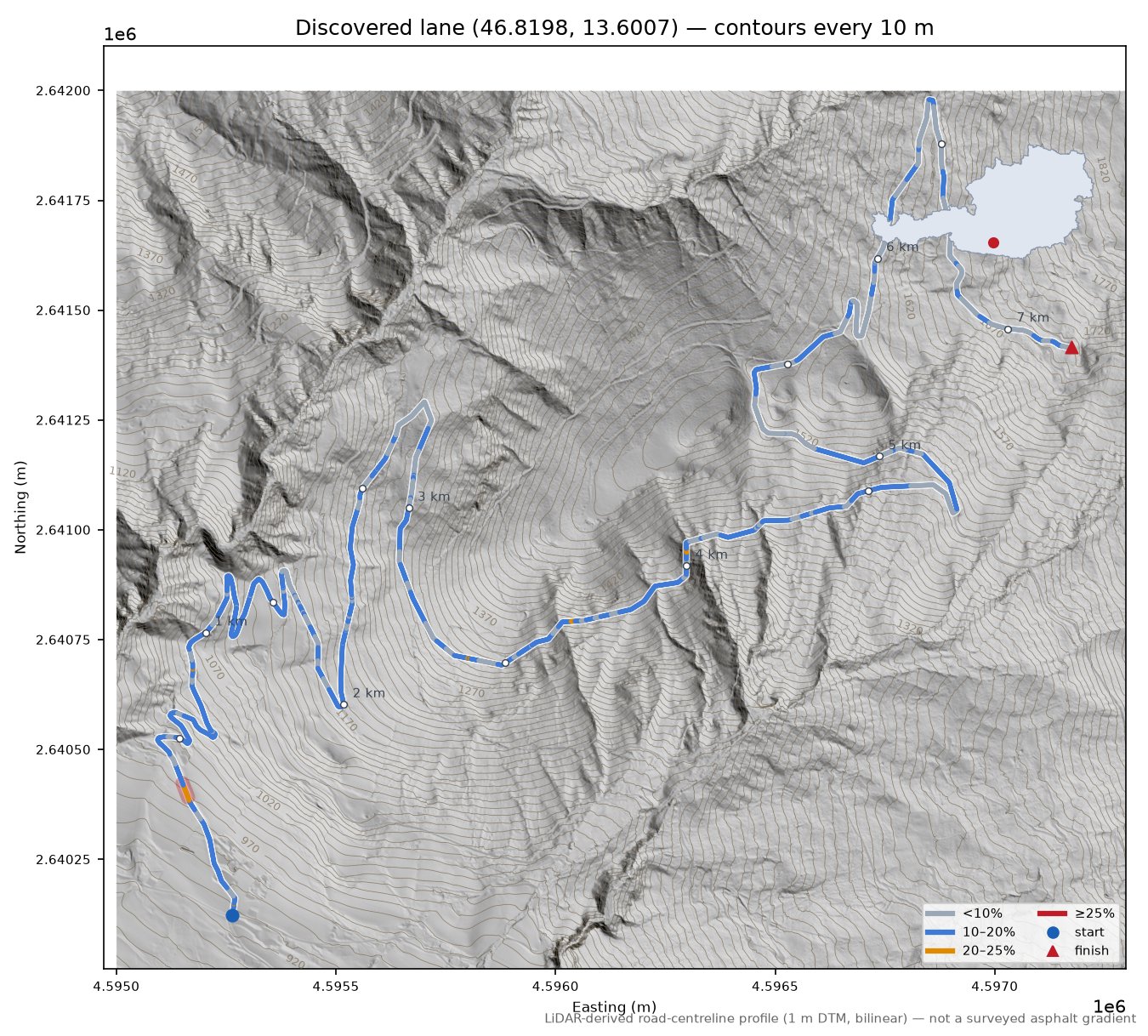Discovered lane (46.8198, 13.6007) LiDAR hillshade map with contours
