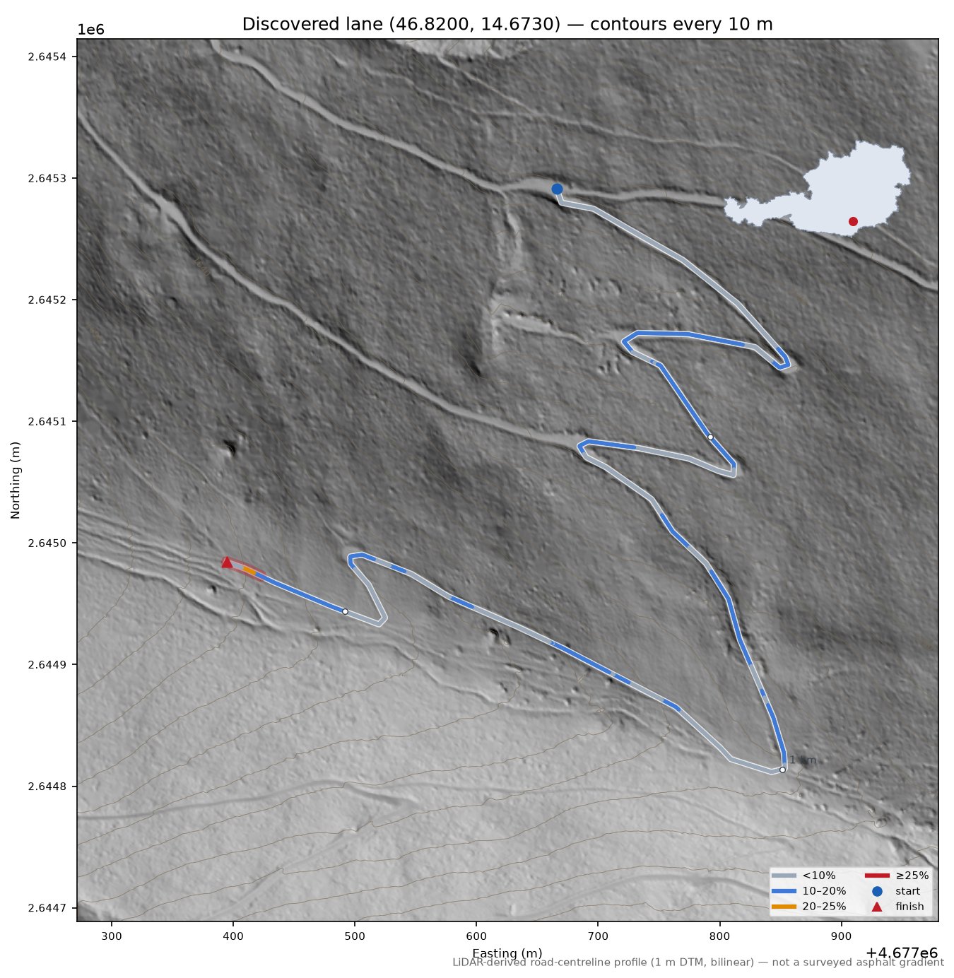 Discovered lane (46.8200, 14.6730) LiDAR hillshade map with contours