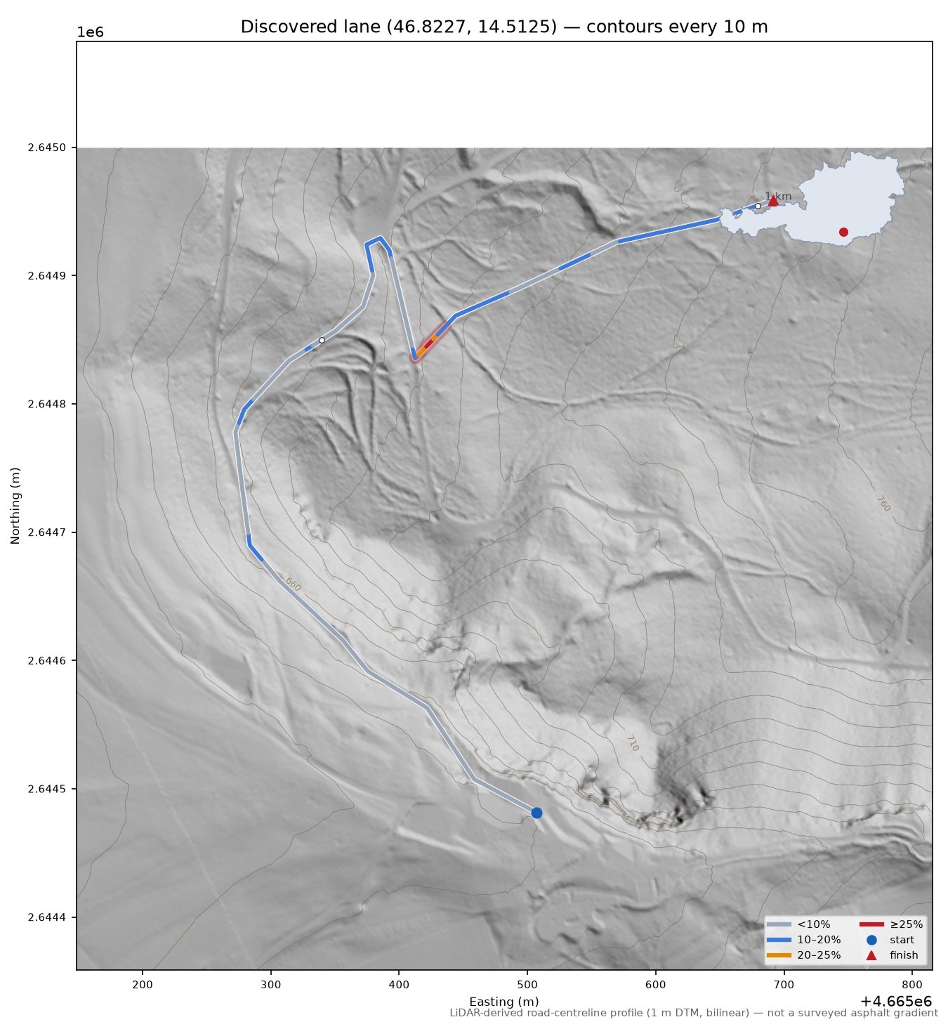 Discovered lane (46.8227, 14.5125) LiDAR hillshade map with contours