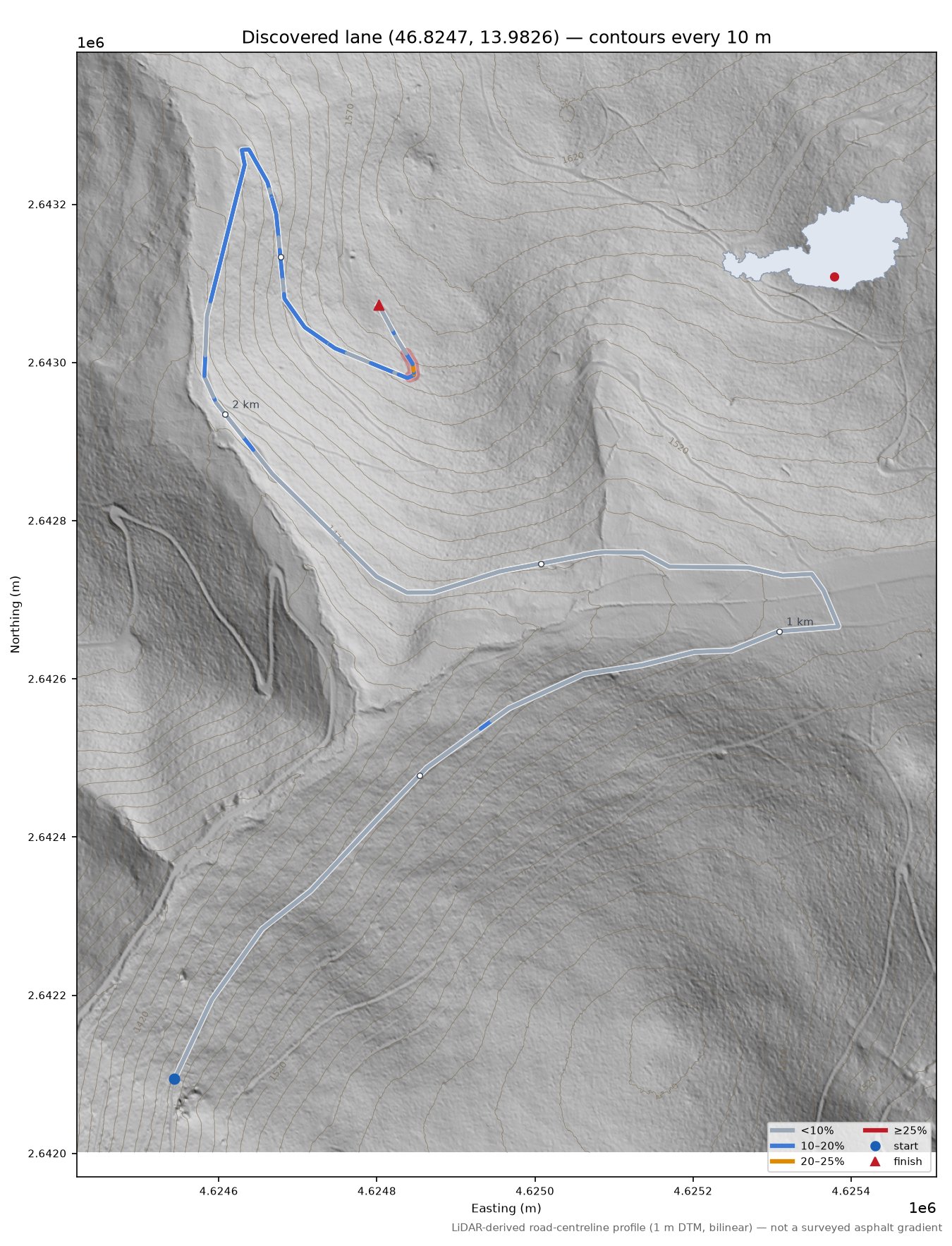 Discovered lane (46.8247, 13.9826) LiDAR hillshade map with contours