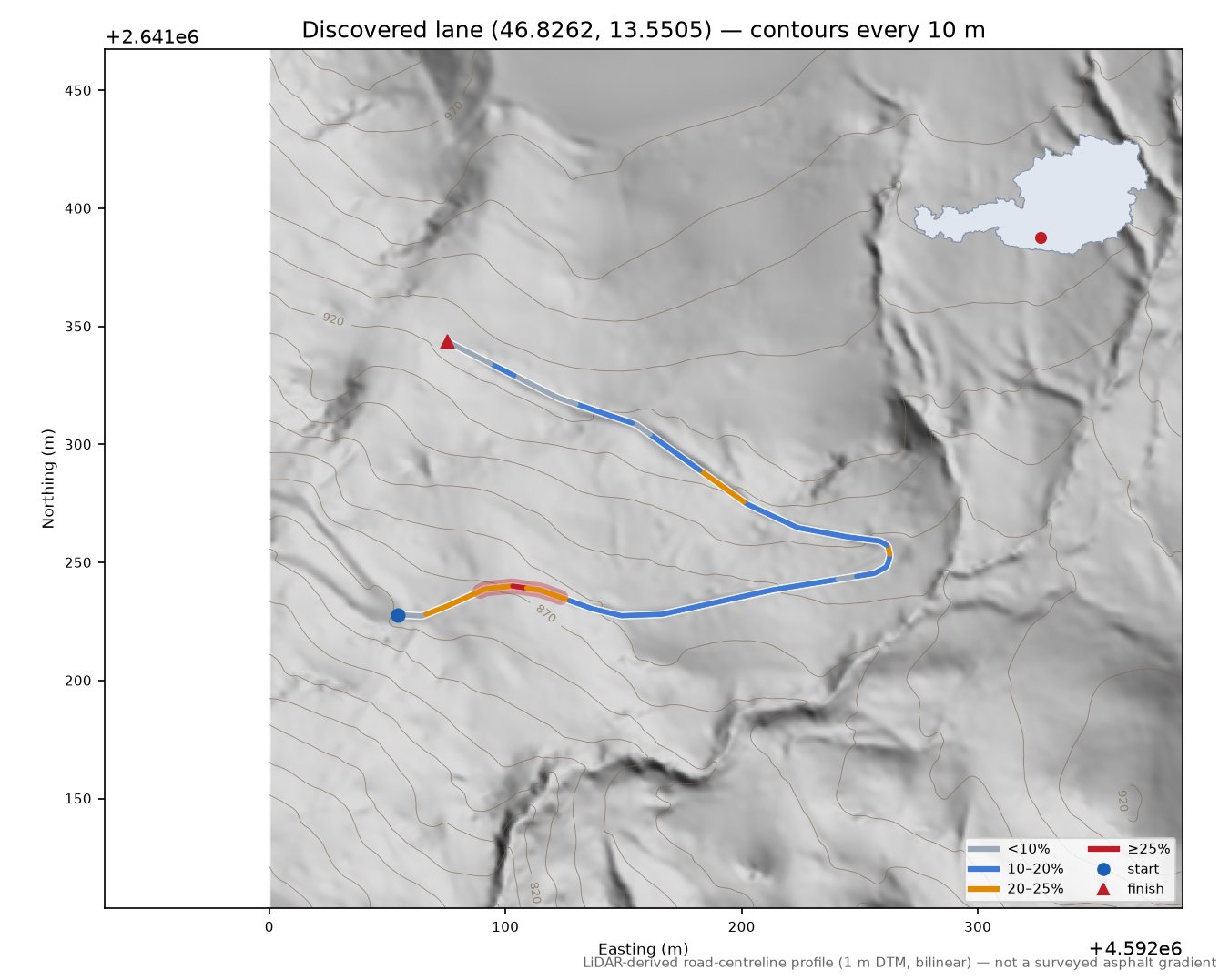 Discovered lane (46.8262, 13.5505) LiDAR hillshade map with contours