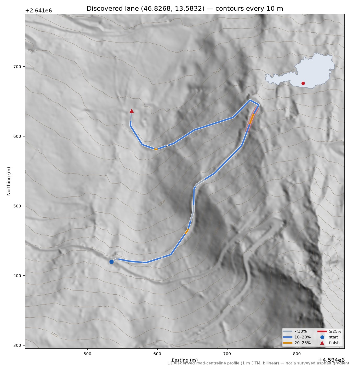 Discovered lane (46.8268, 13.5832) LiDAR hillshade map with contours
