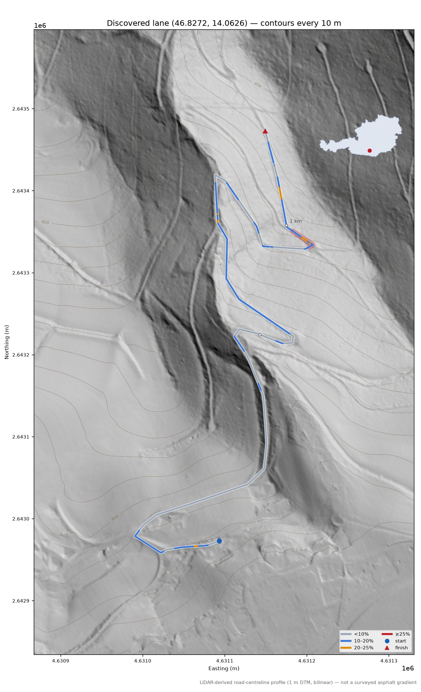 Discovered lane (46.8272, 14.0626) LiDAR hillshade map with contours