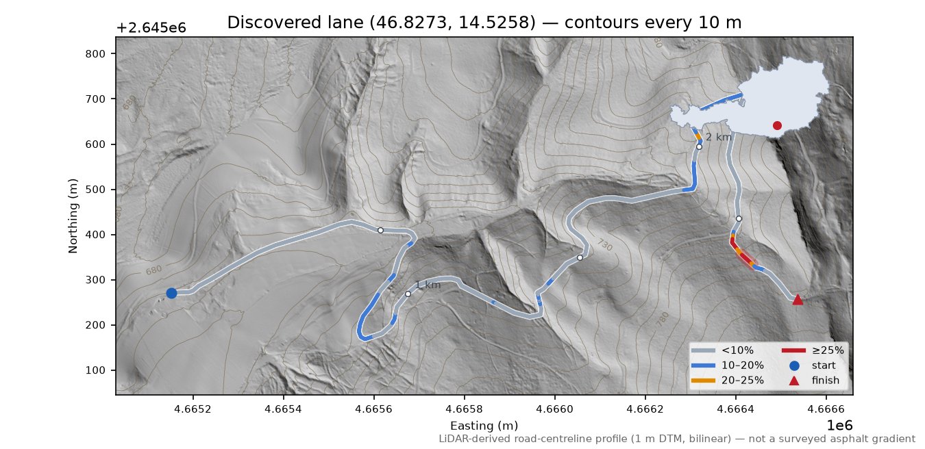 Discovered lane (46.8273, 14.5258) LiDAR hillshade map with contours