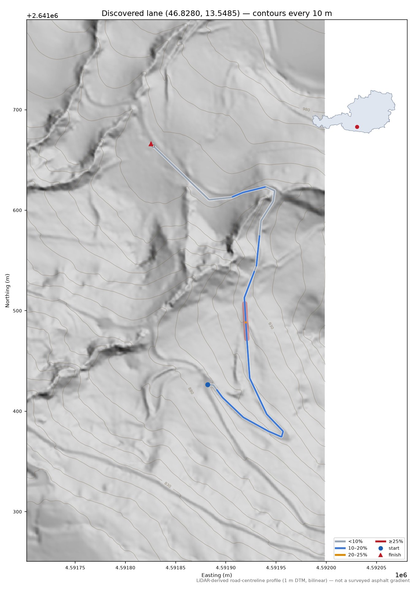 Discovered lane (46.8280, 13.5485) LiDAR hillshade map with contours