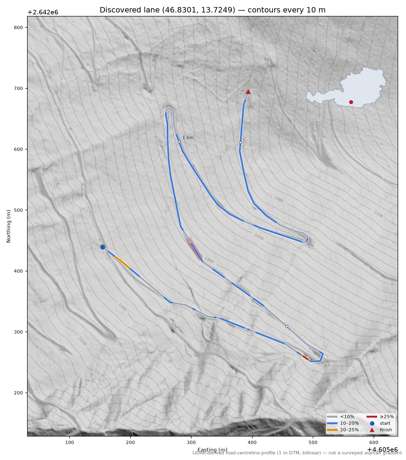 Discovered lane (46.8301, 13.7249) LiDAR hillshade map with contours