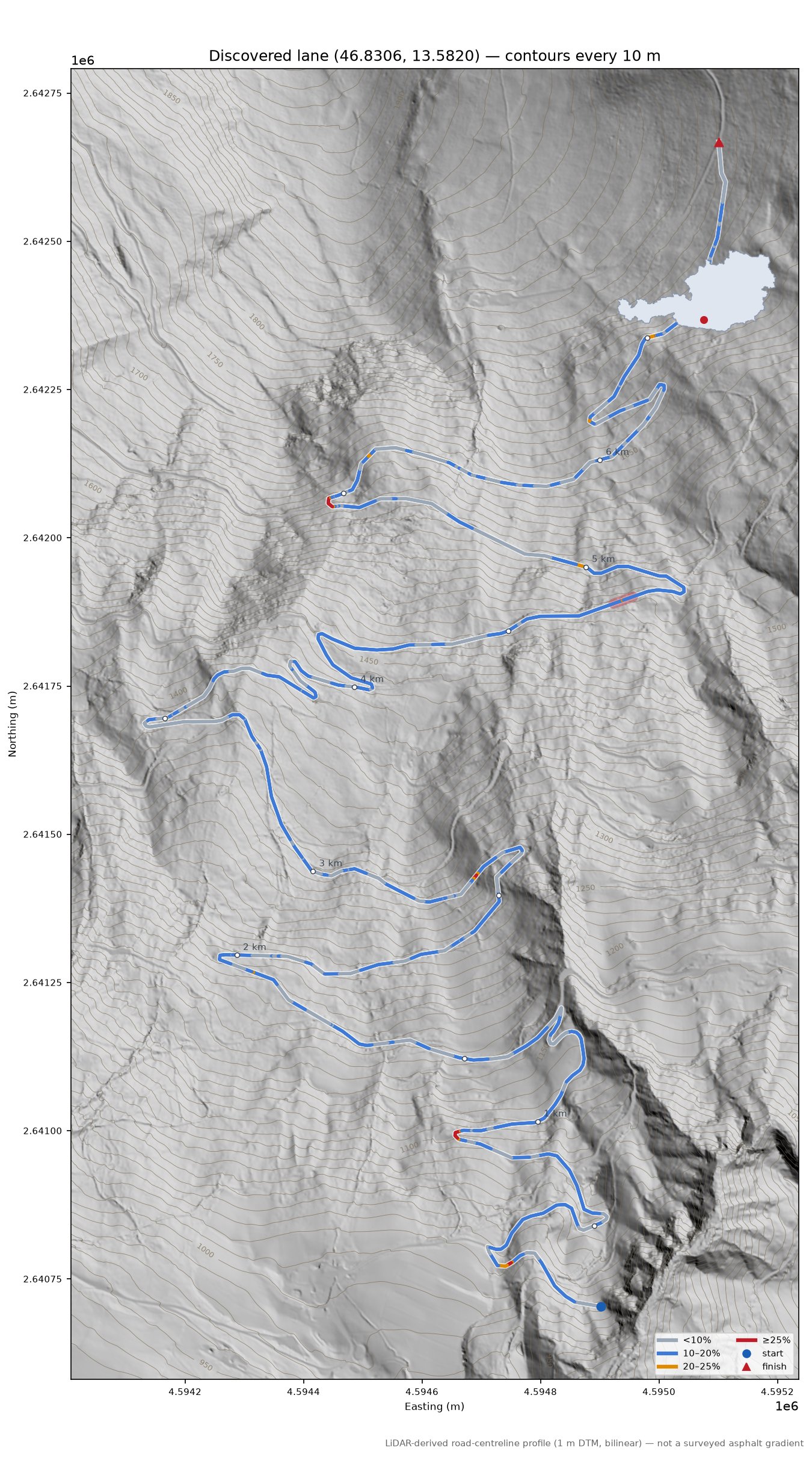 Discovered lane (46.8306, 13.5820) LiDAR hillshade map with contours
