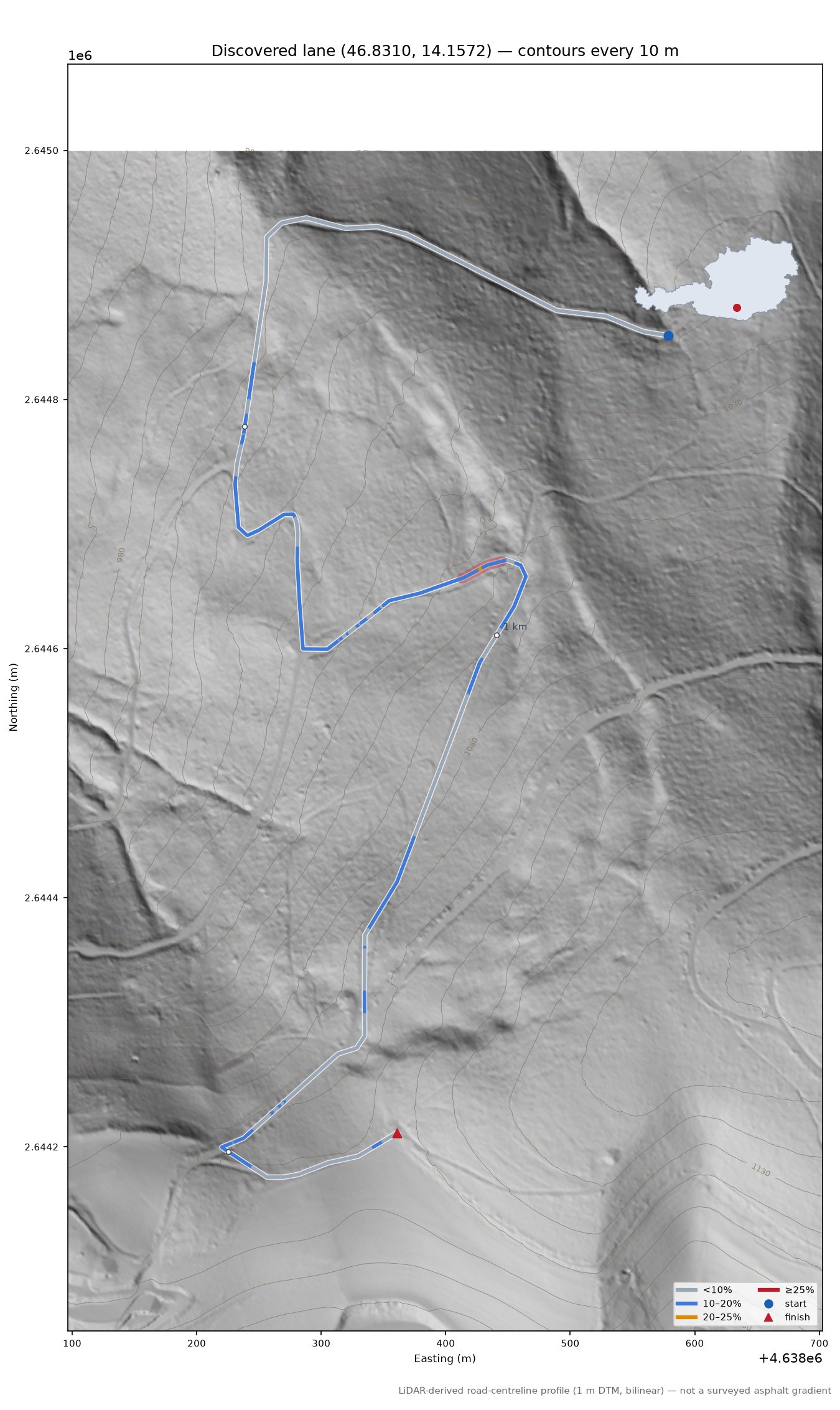 Discovered lane (46.8310, 14.1572) LiDAR hillshade map with contours
