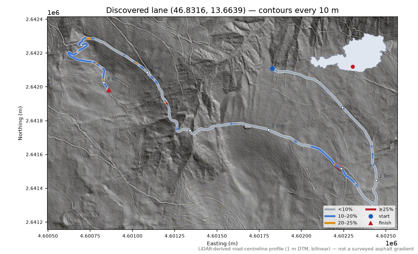 Discovered lane (46.8316, 13.6639) LiDAR hillshade map with contours