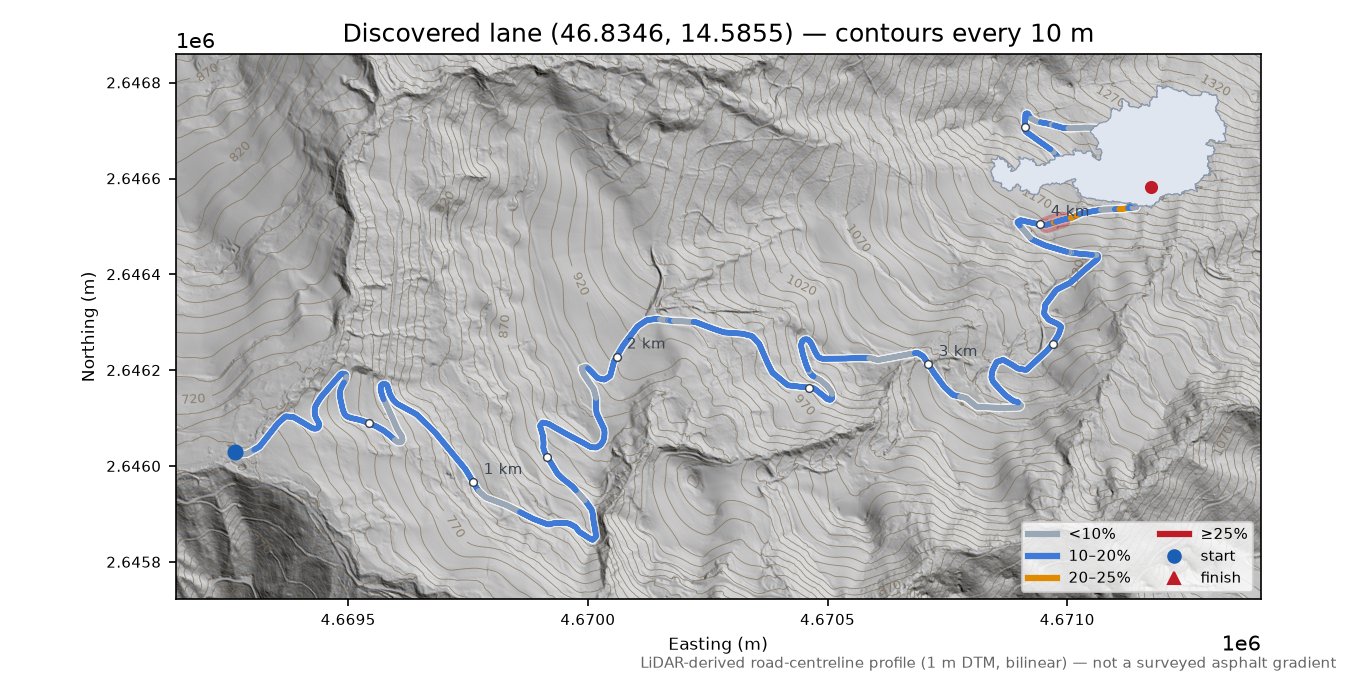 Discovered lane (46.8346, 14.5855) LiDAR hillshade map with contours