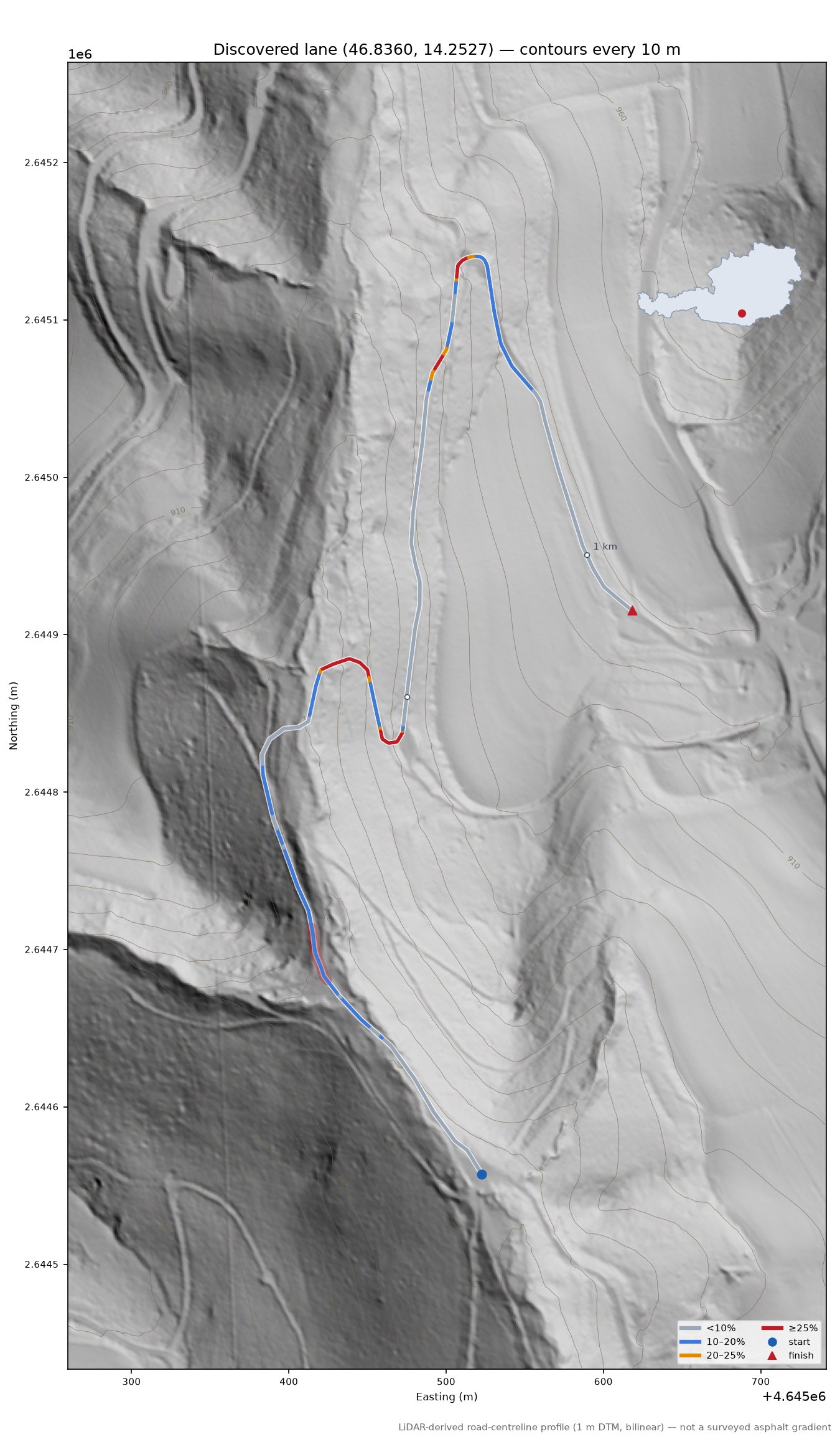 Discovered lane (46.8360, 14.2527) LiDAR hillshade map with contours